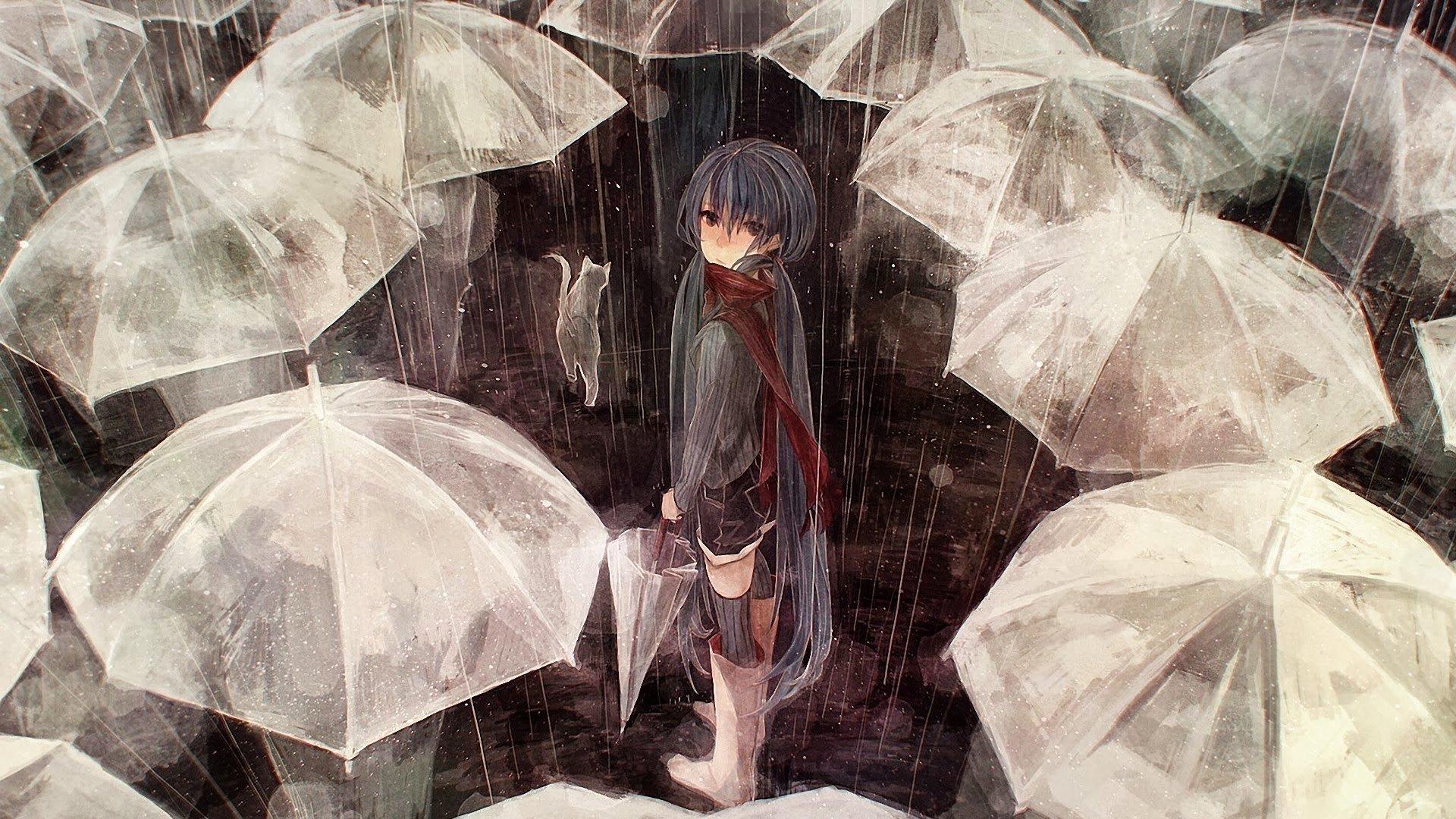 anime girls, Umbrella, Rain, Vocaloid, Hatsune Miku HD