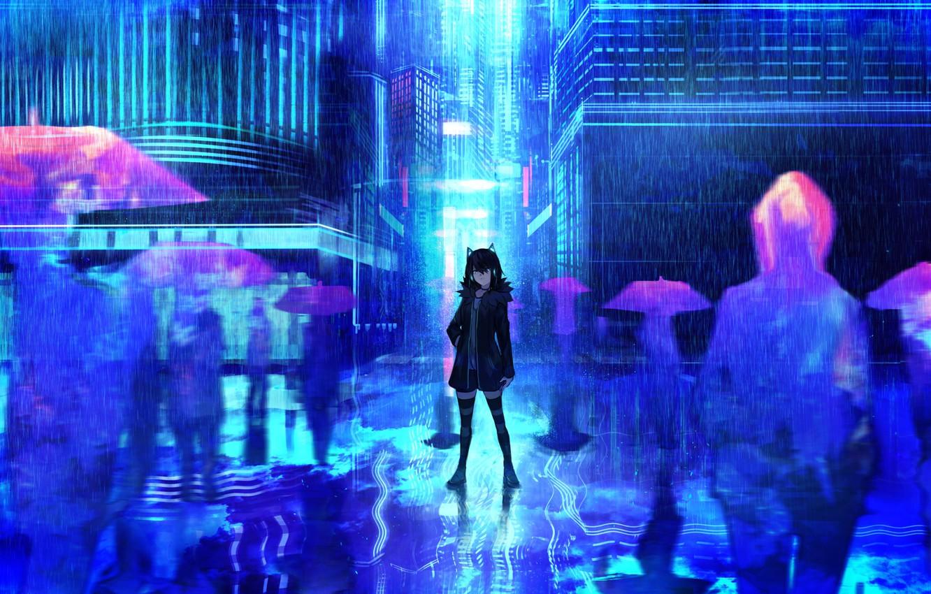 Wallpaper girl, the city, background, rain, anime, art, umbrellas