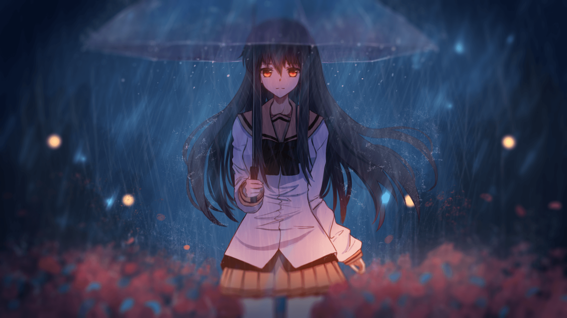 Anime girl under an umbrella in the rain Desktop wallpaper
