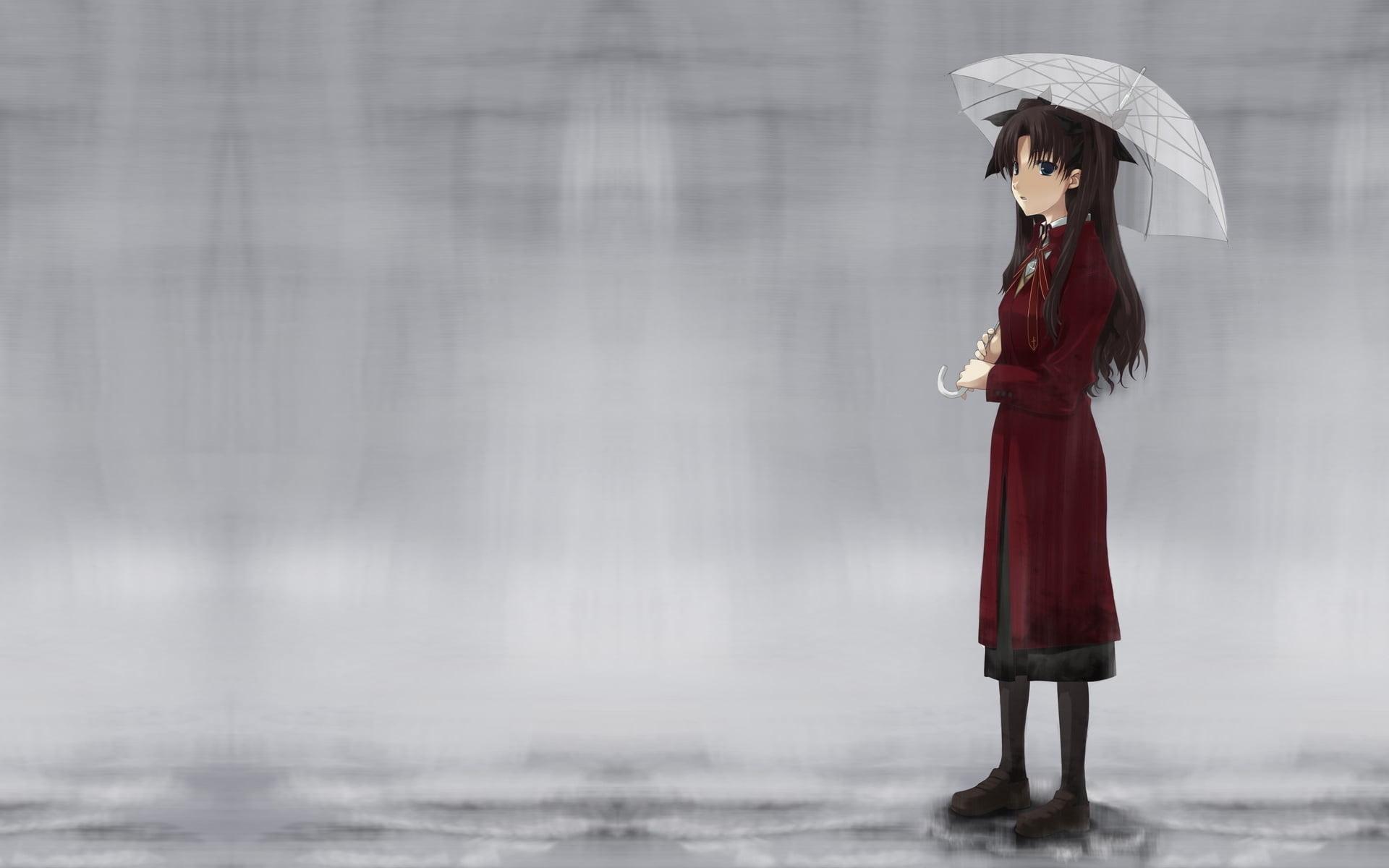 Maroon haired woman in red long coat female anime character