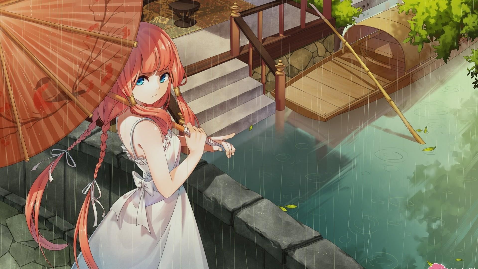 Download 1919x1079 Anime Girl, Umbrella, Rainy Day, Bridge
