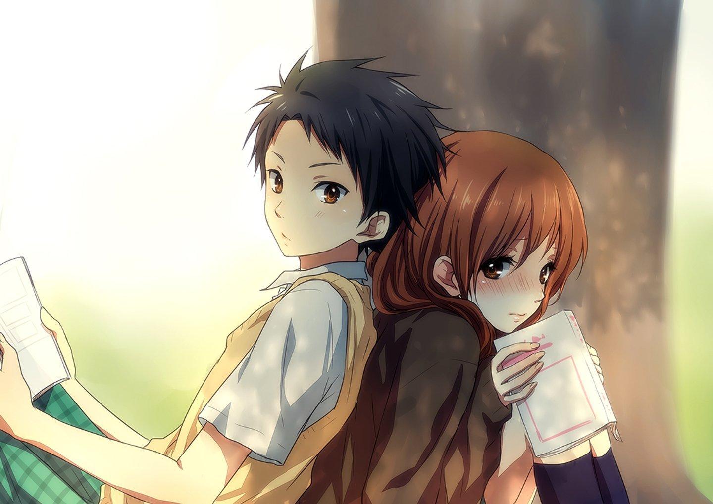 Anime couple school girl guy uniform tree love wallpaper