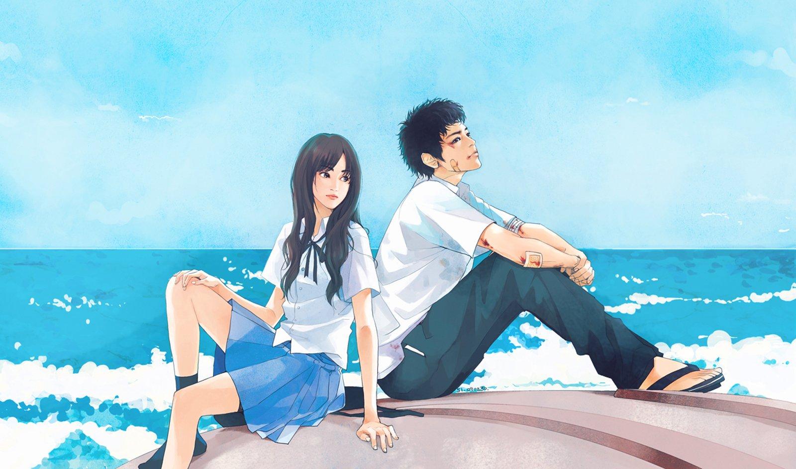 sea, Blue, Couple, Love, Anime, Girl, Boy, School, Uniforms