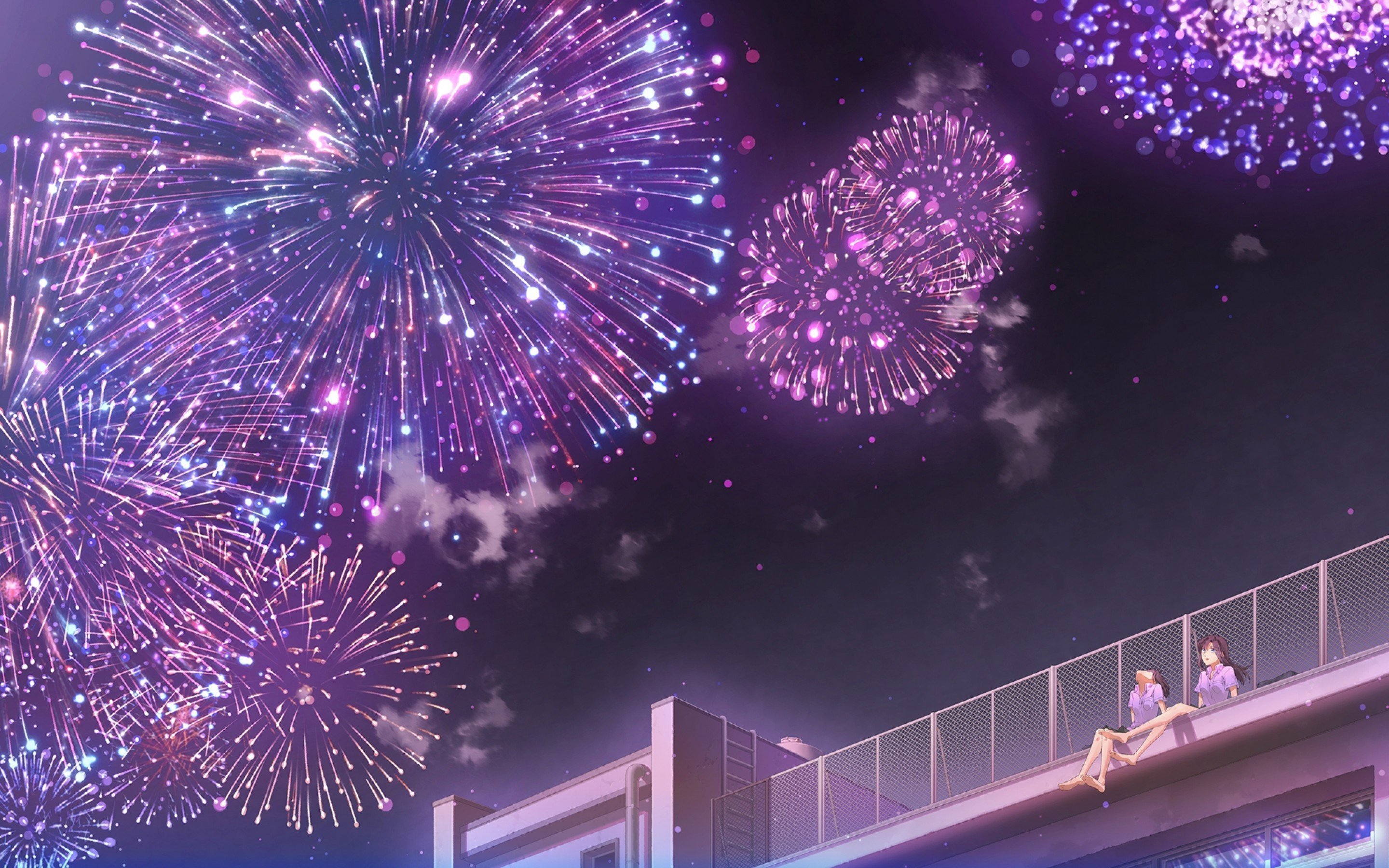 Download 2880x1800 Anime Girls, Fireworks, Festival, Night, Rooftop Wallpaper for MacBook Pro 15 inch