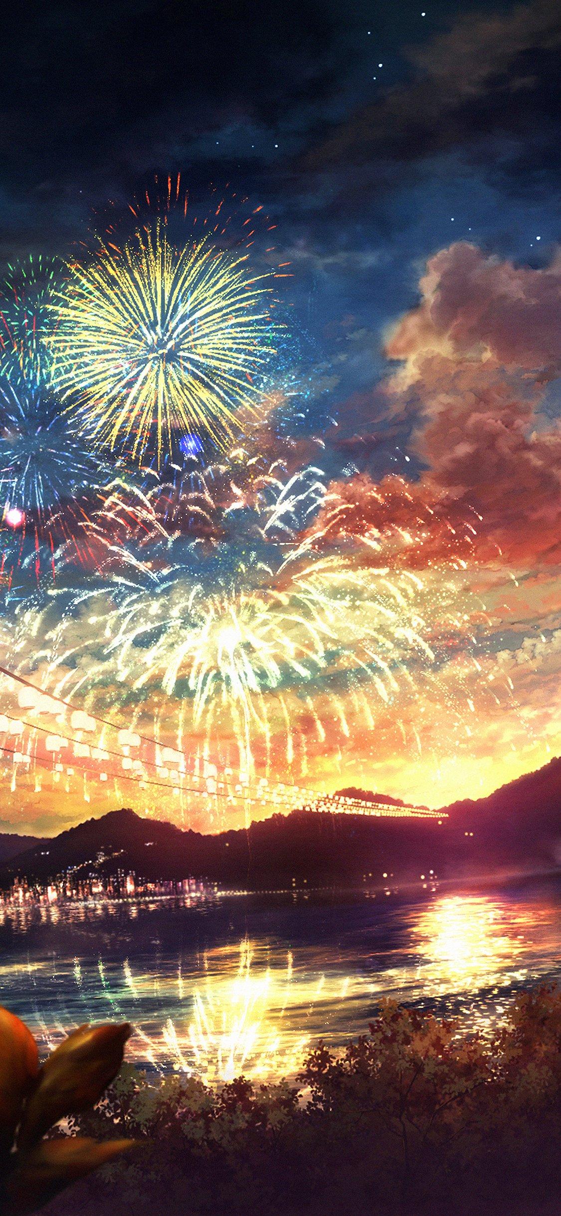 Firework dark night anime iPhone X Wallpaper Free Download
