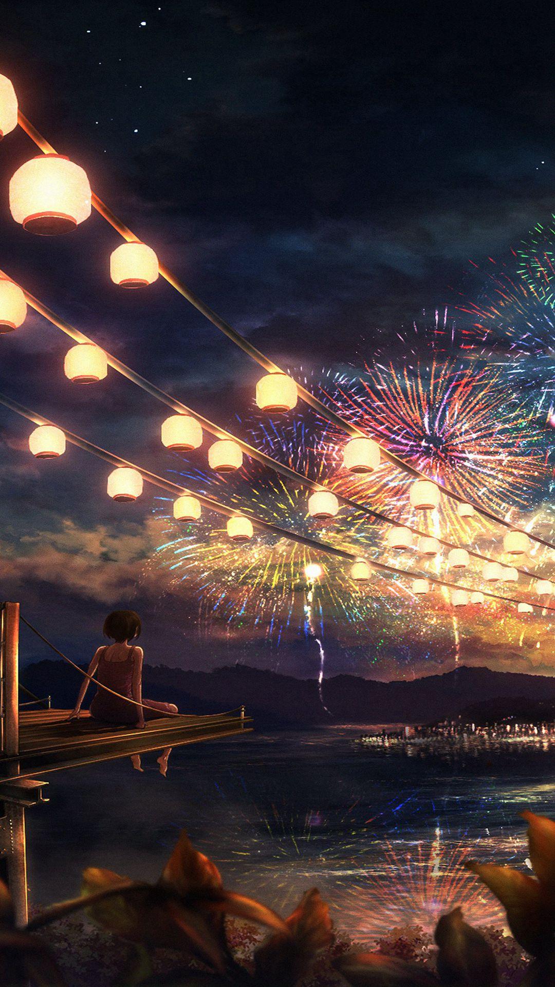 Firework girl dark night anime art iPhone 8 Wallpaper Free Download