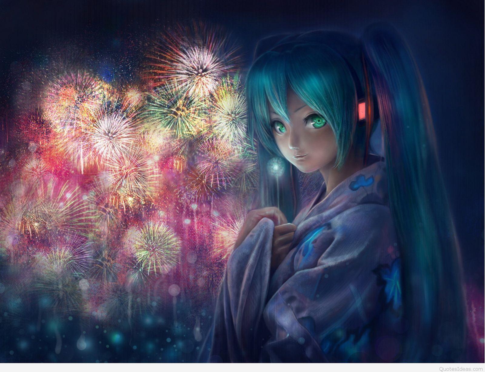 Anime Girl And Firework Happy New Year 2014 New