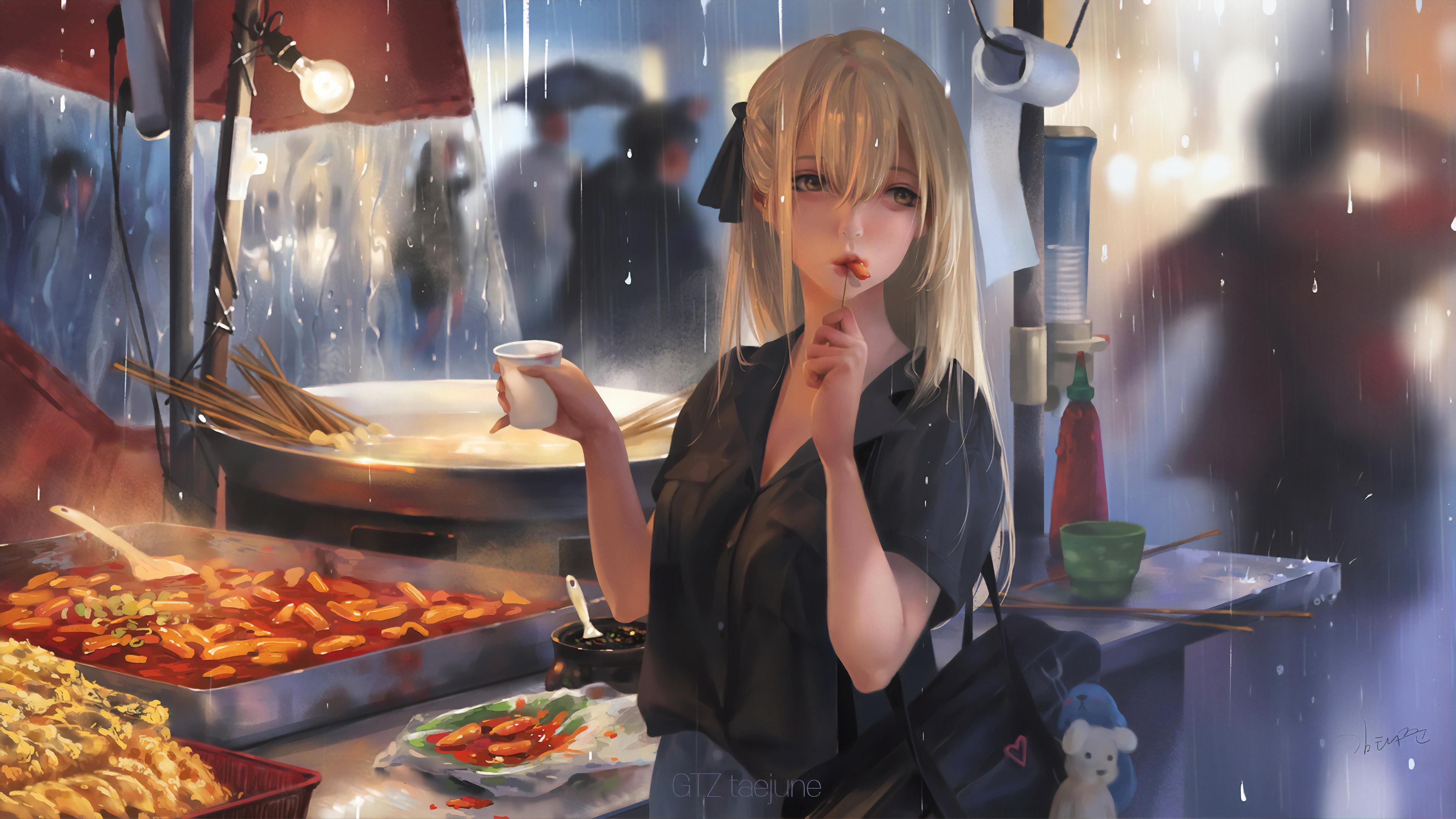 Anime Girl Eating Street Food 4k, HD Anime, 4k Wallpaper