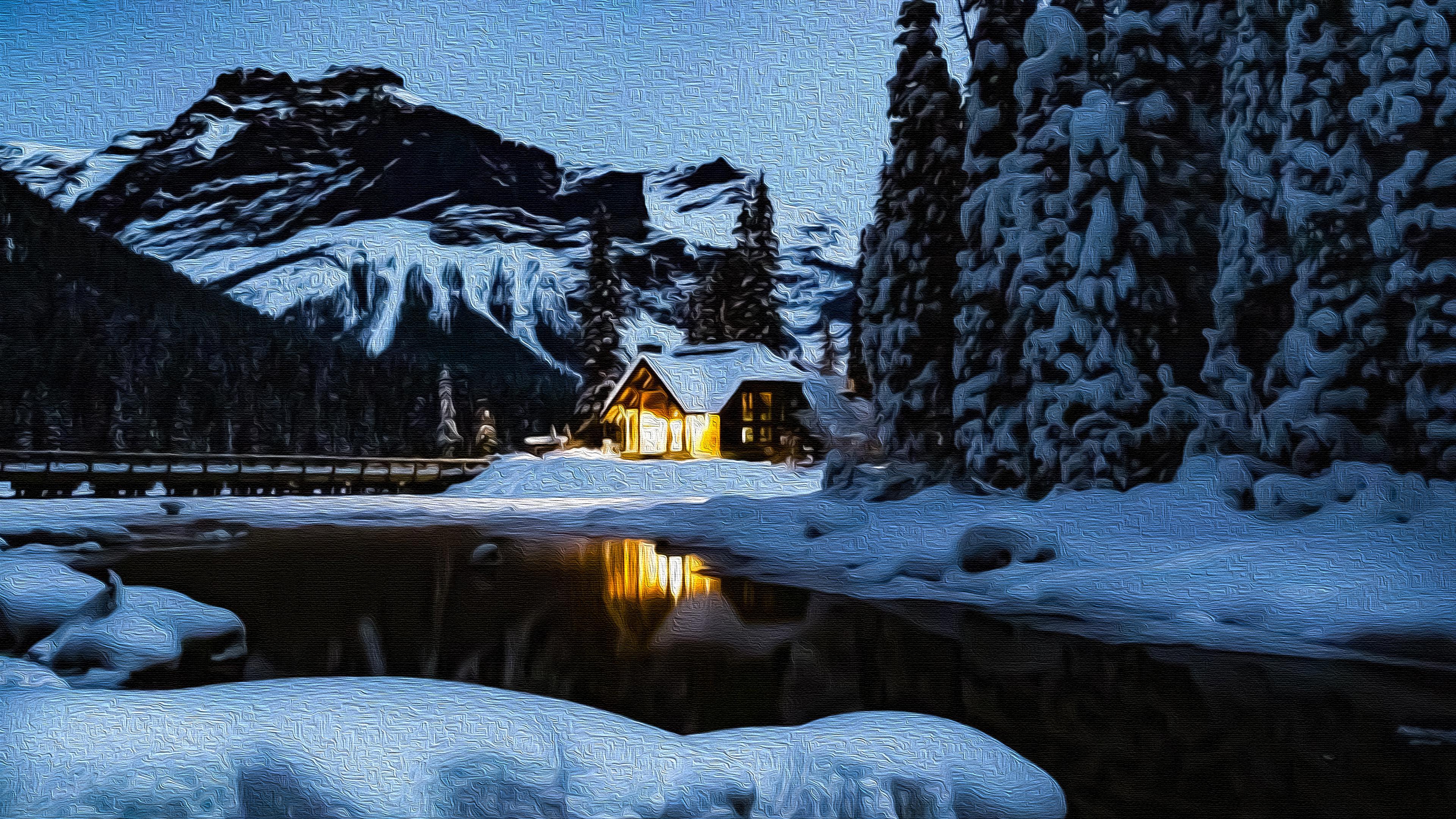 Winter Cabin on Canvas 4k Ultra HD Wallpaper