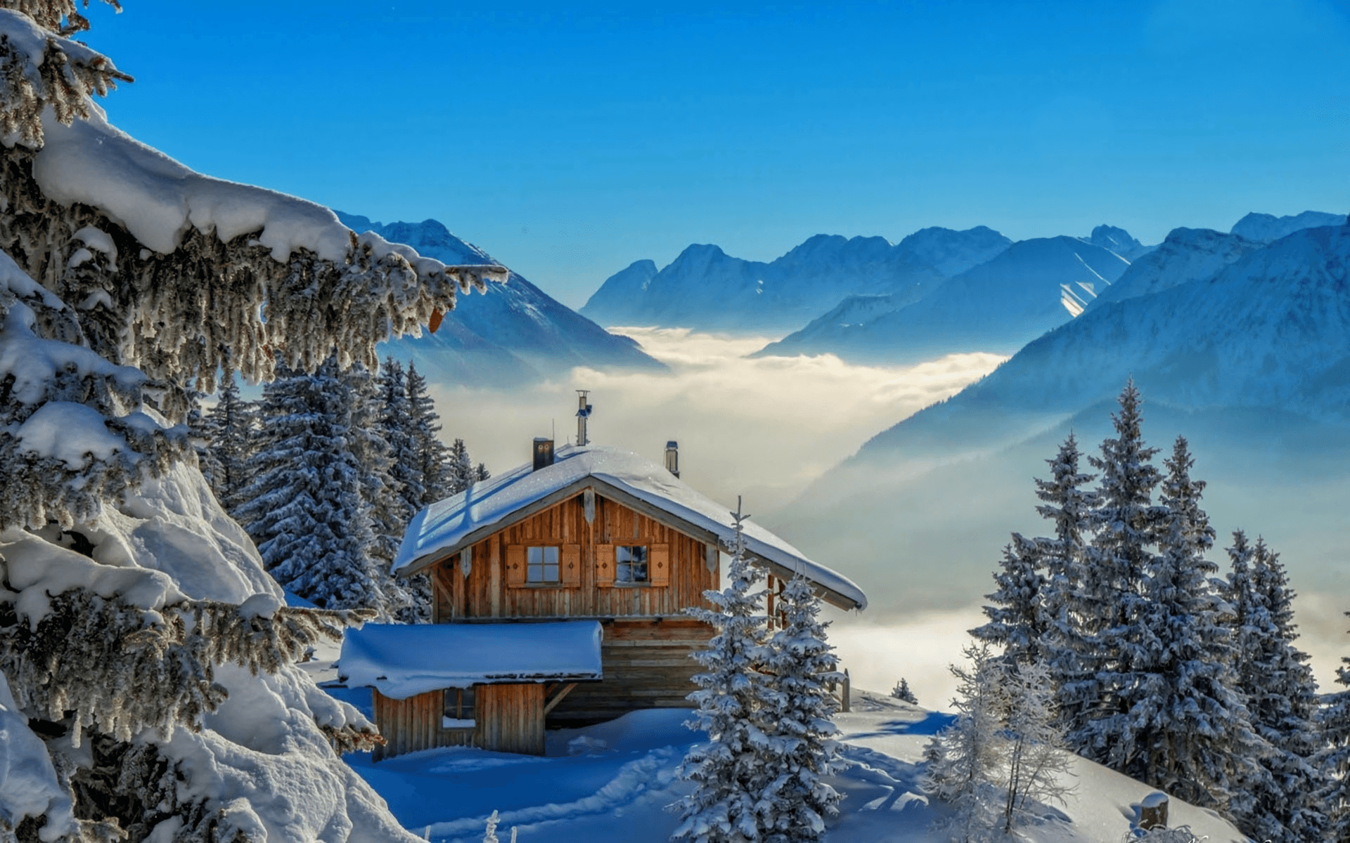 Cabin in the Winter Mountains HD Wallpaper. Background