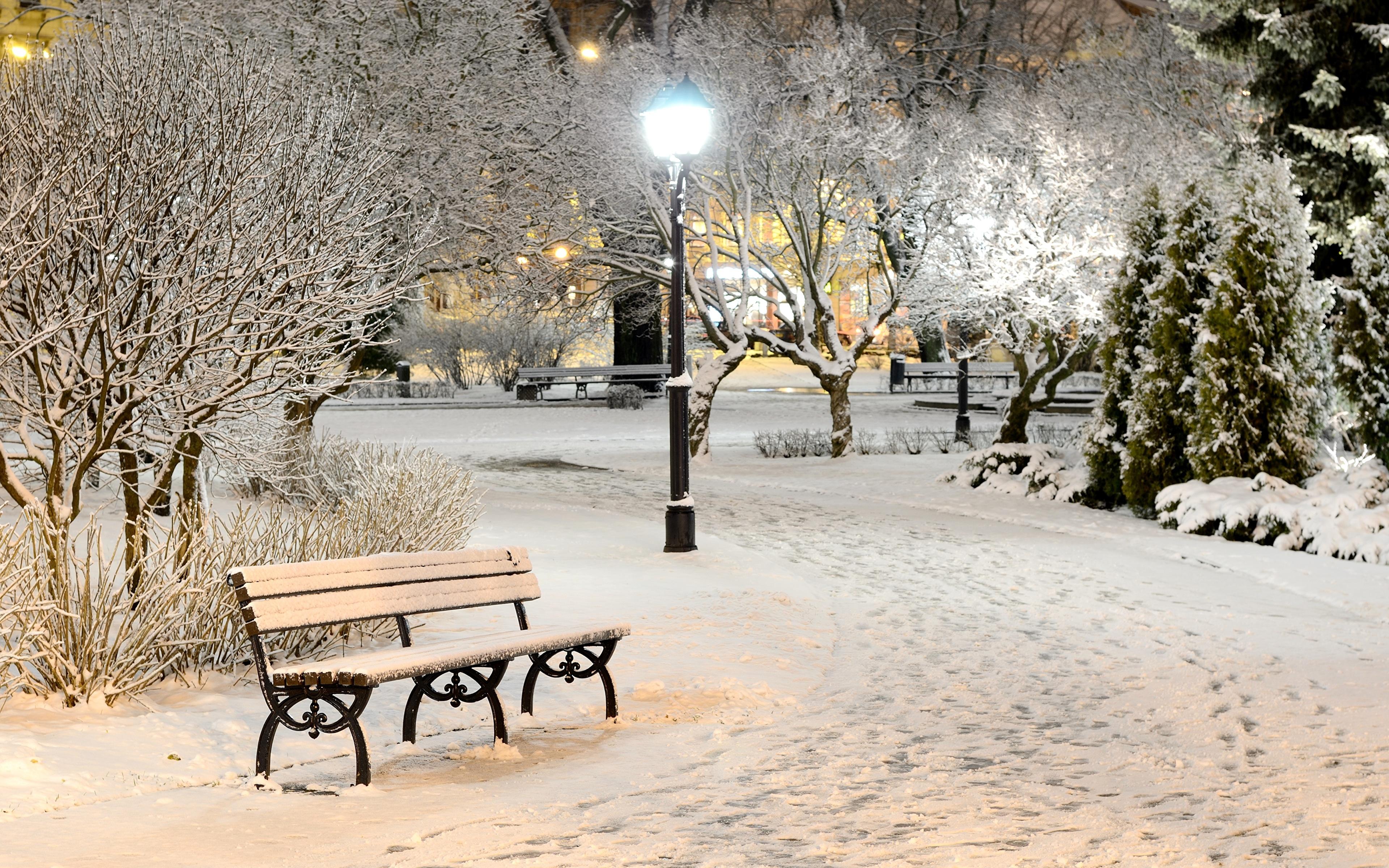 Pictures Winter Snow Bench Street lights Cities 3840x2400