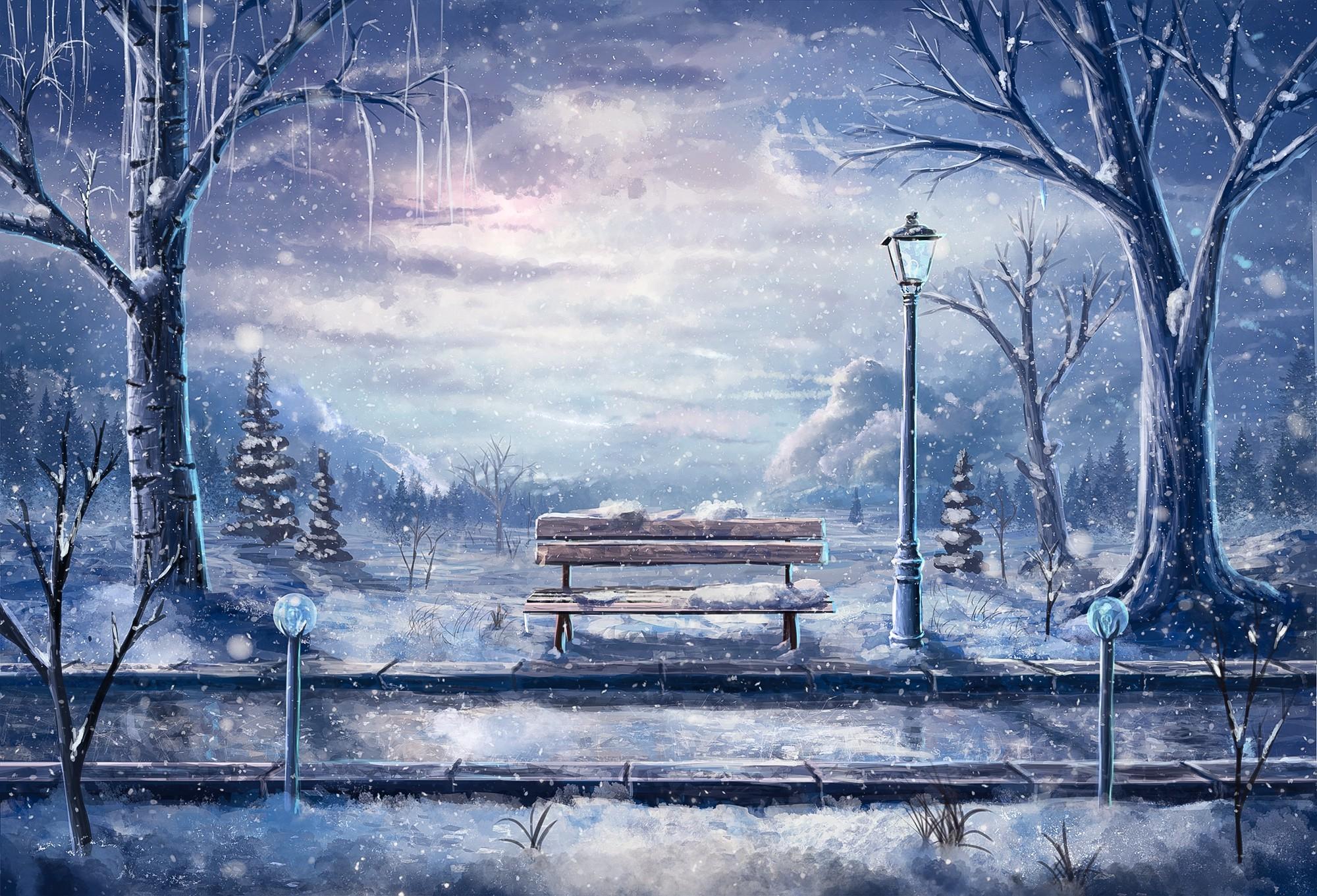 2935418 artwork bench winter snow street light road sylar