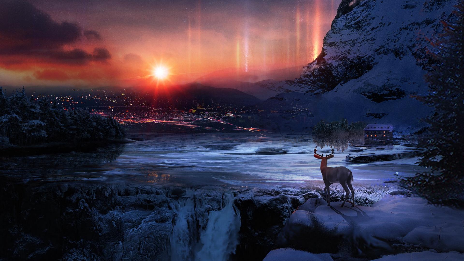 Download wallpaper 1920x1080 deer, winter, night, art, snow