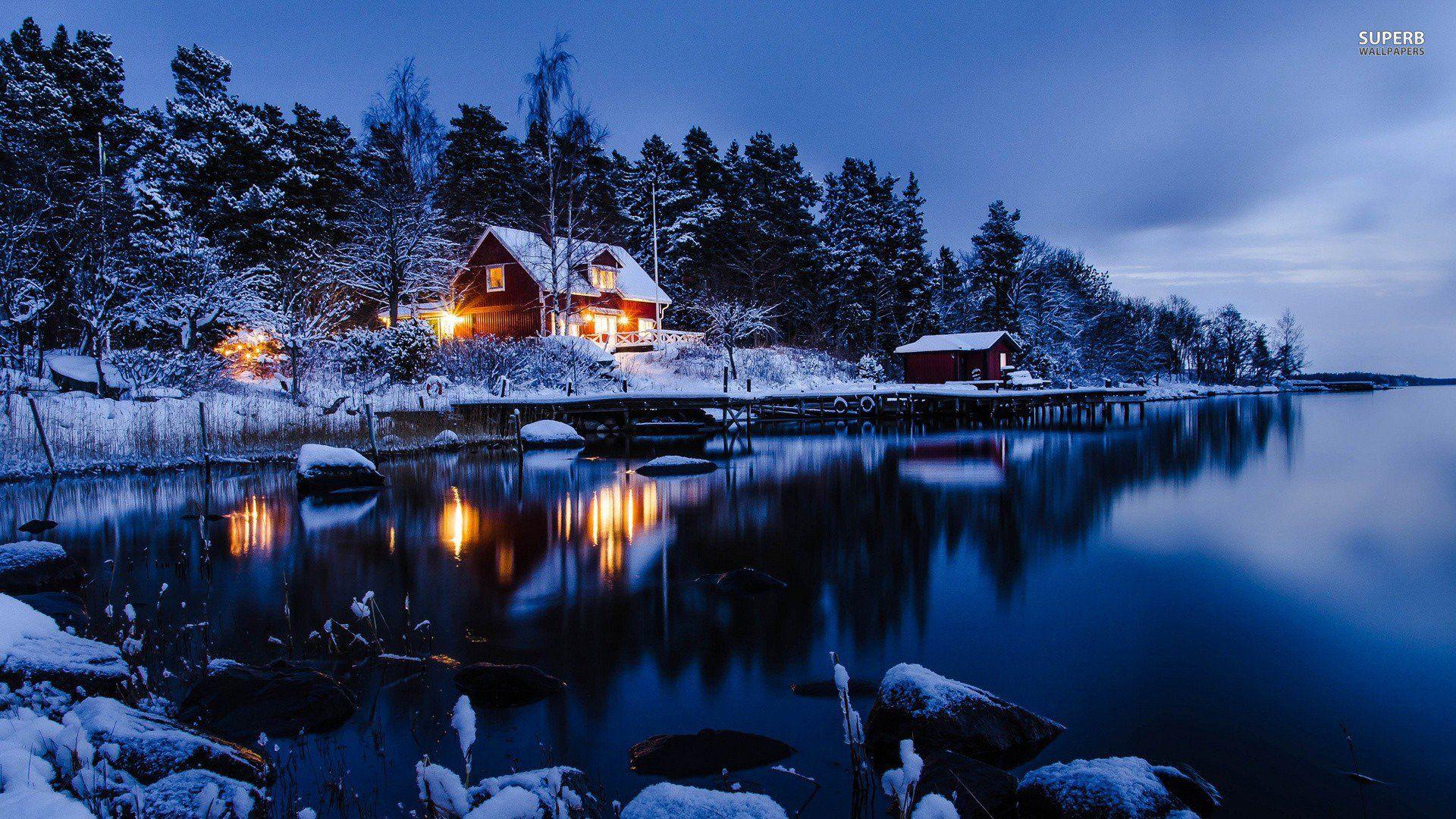 Beautiful Winter Night [1920X1080]. Winter cabin, Lakeside