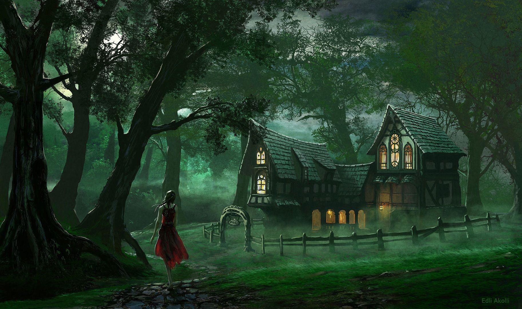 Coming Home. Artistic wallpaper, Fantasy art, Forest cottage