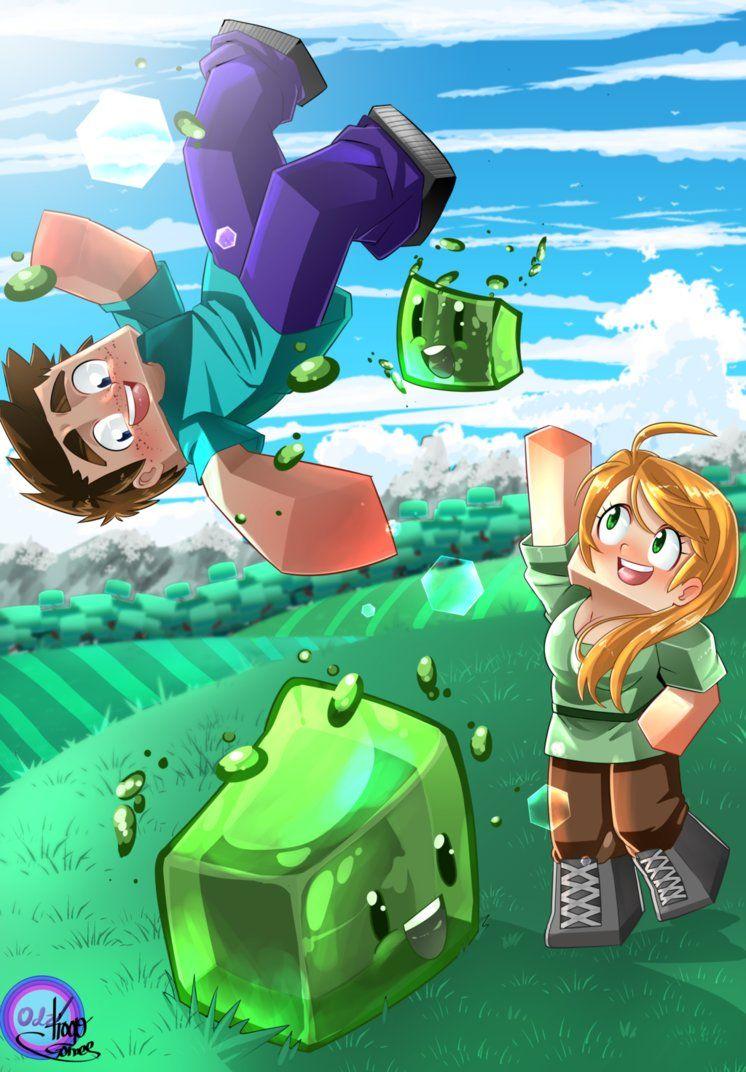 Steve and Alex playing with slimes by B0ss23. Bricolaj