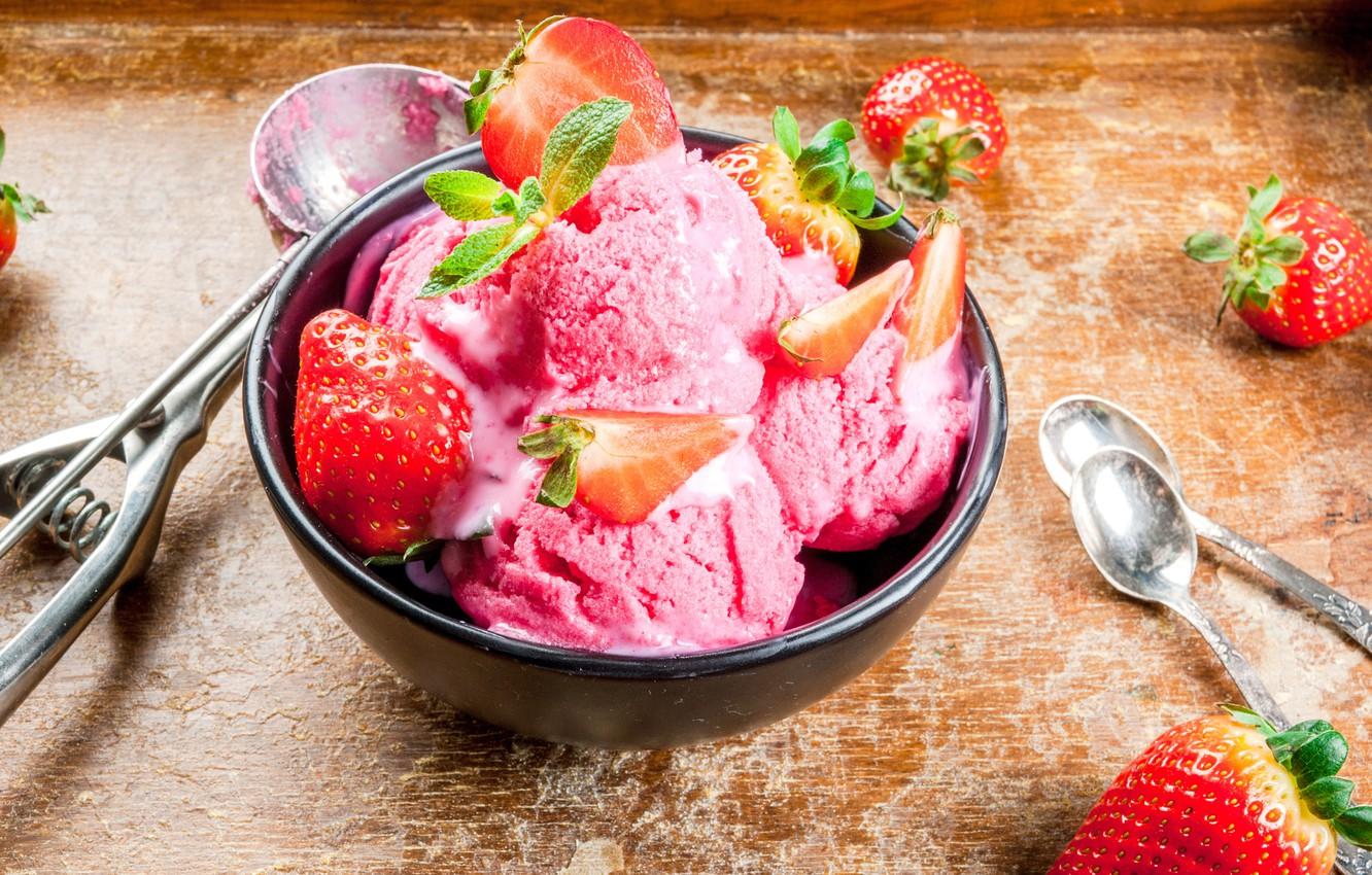 Wallpaper berries, strawberry, ice cream, mint, dessert