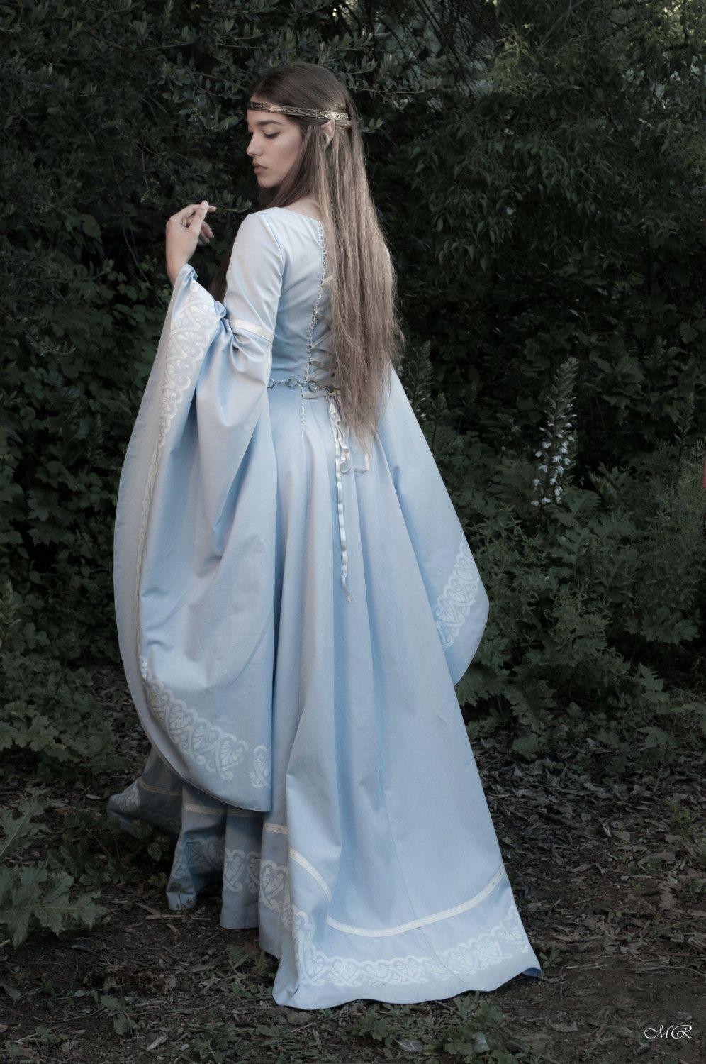 Elven fantasy medieval wedding dress, hand painted cotton
