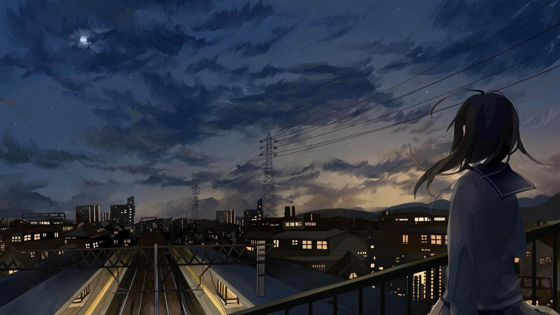 Download 1920x1080 Anime Girl, City, Night, Clouds, Back