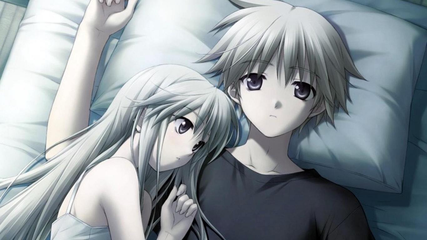 Download wallpaper 1366x768 anime, couple, love, bed tablet
