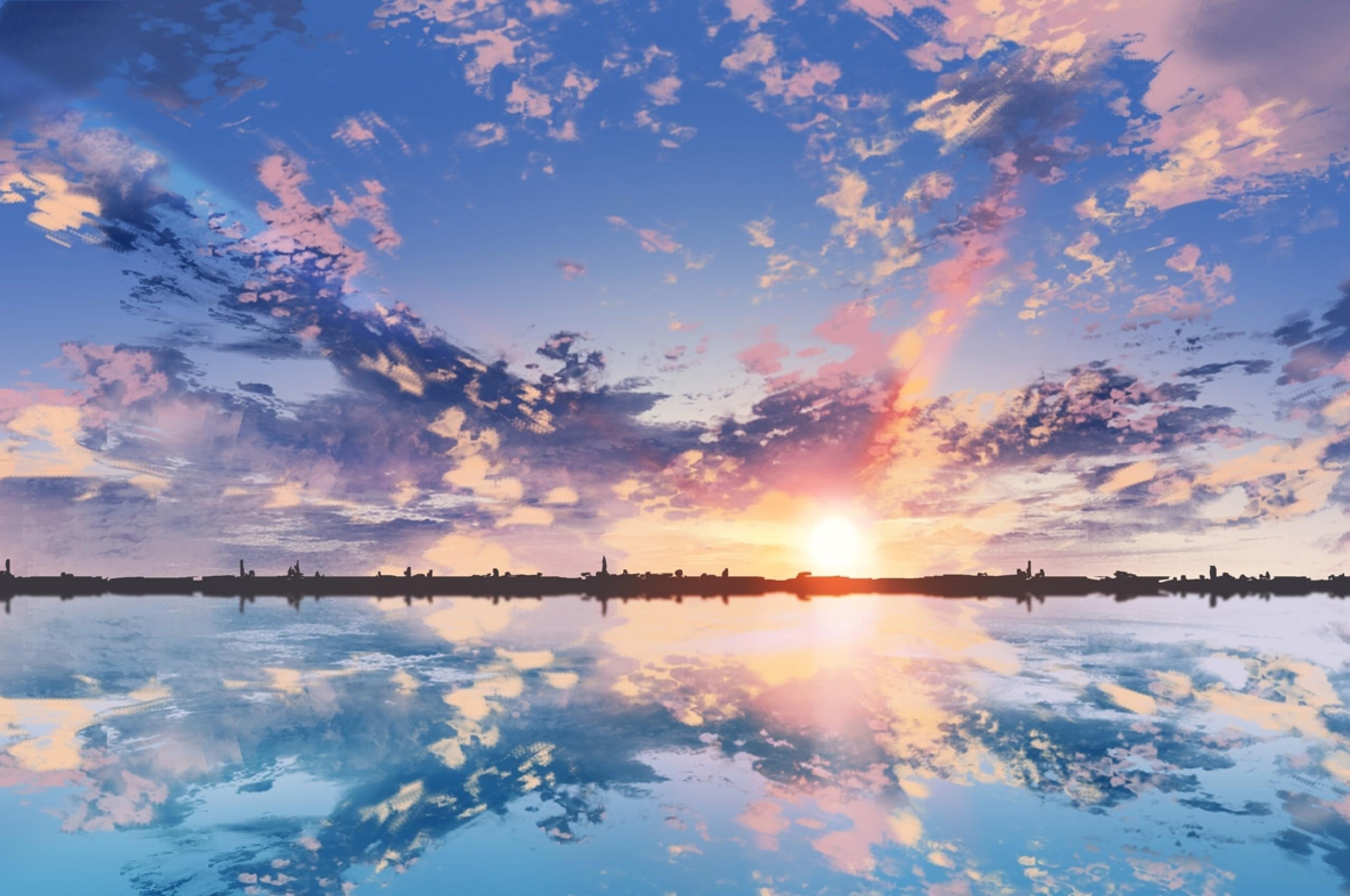 Anime Scenic, Clouds, Sunset, Reflection, Dual Monitor