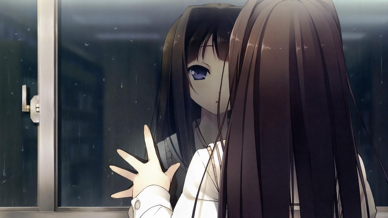 Download wallpaper 1600x900 anime girl, window, reflection, drop