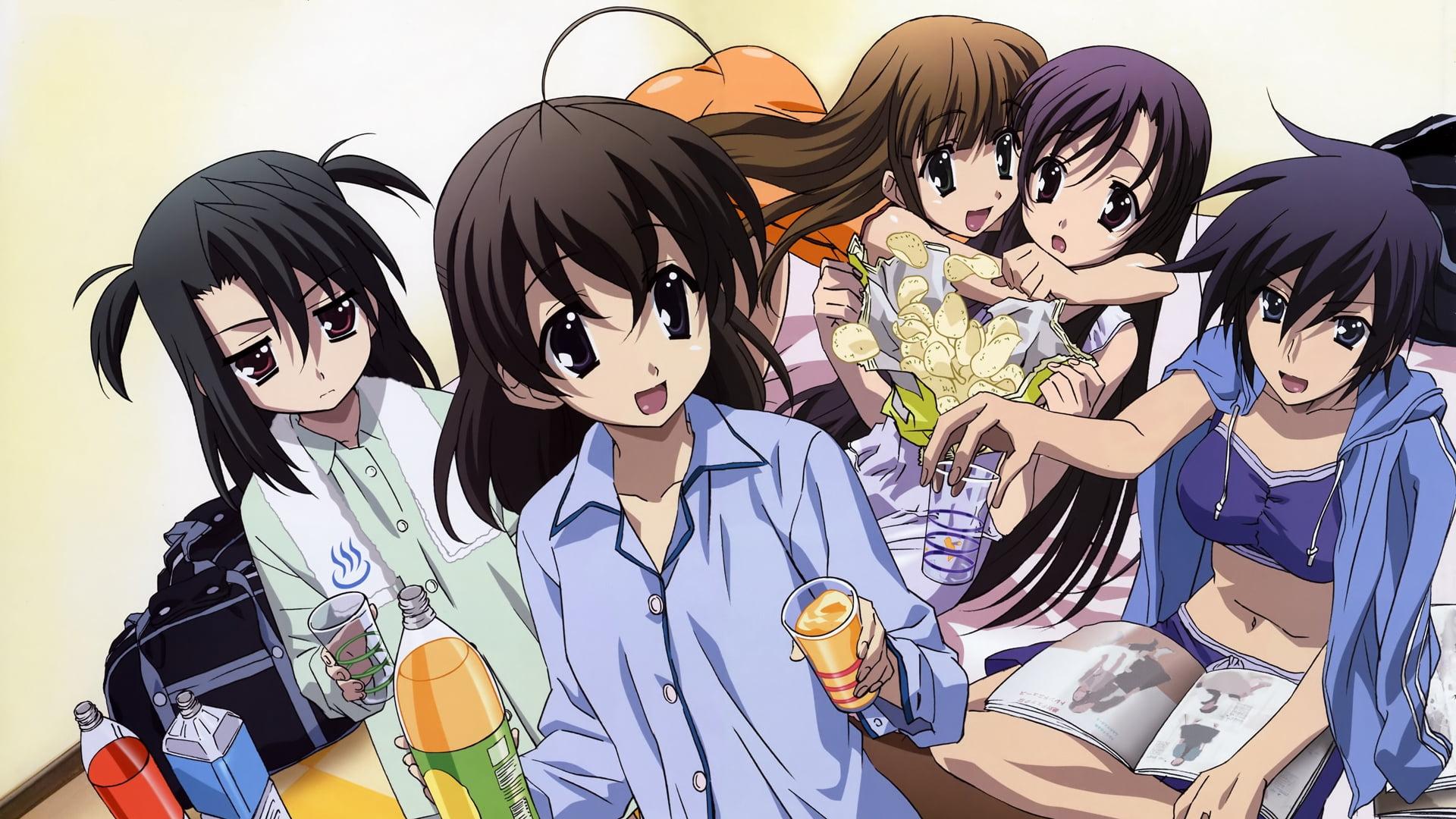 Five female anime character drinking beverage and eating
