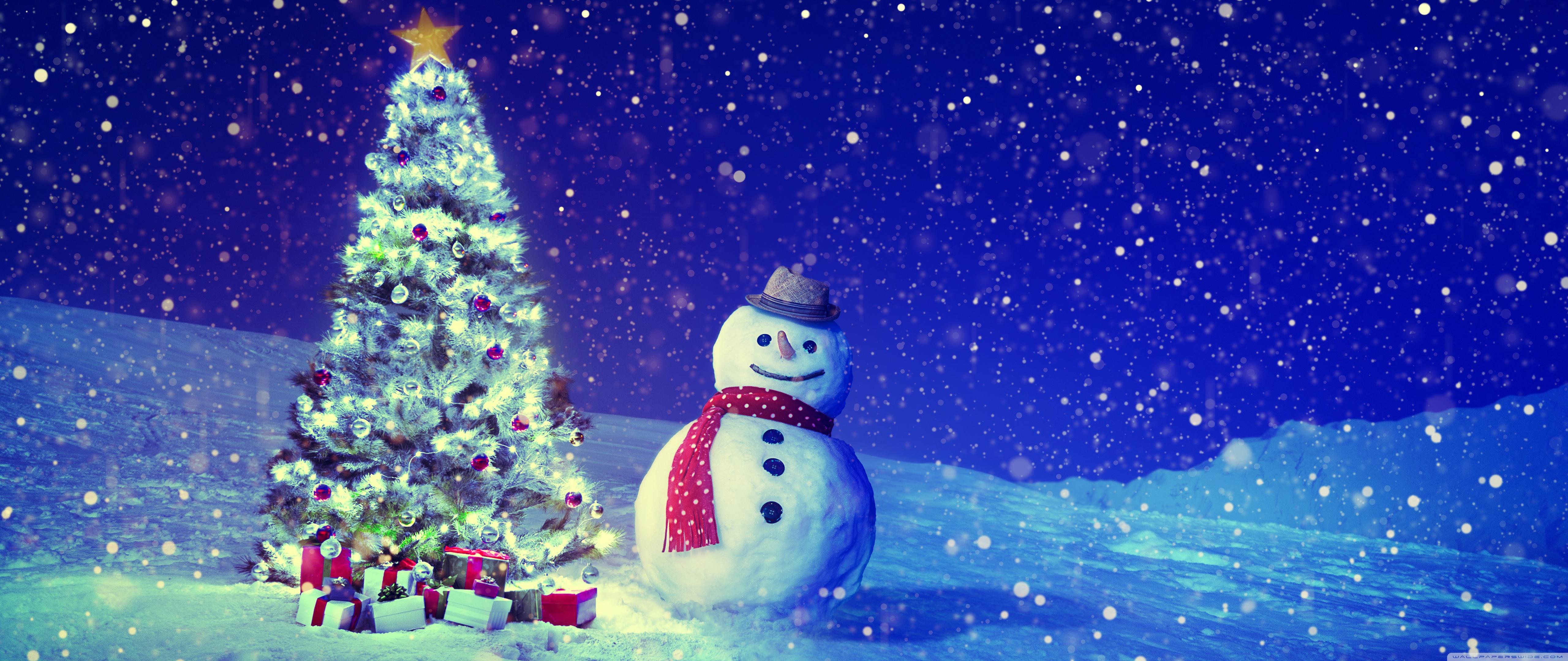 Christmas Tree, Snowman, Winter Landscape Ultra HD Desktop