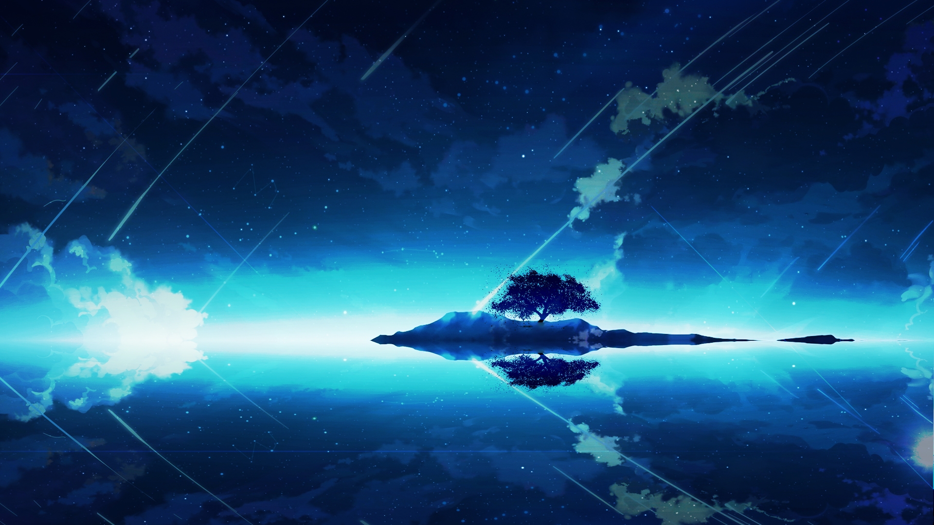 Download 1920x1080 Anime Landscape, Lonely Tree, Reflection, Water