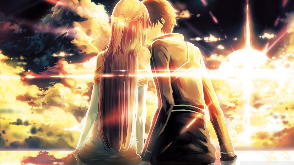 Anime girl beautiful long hair clouds couple guy kiss love