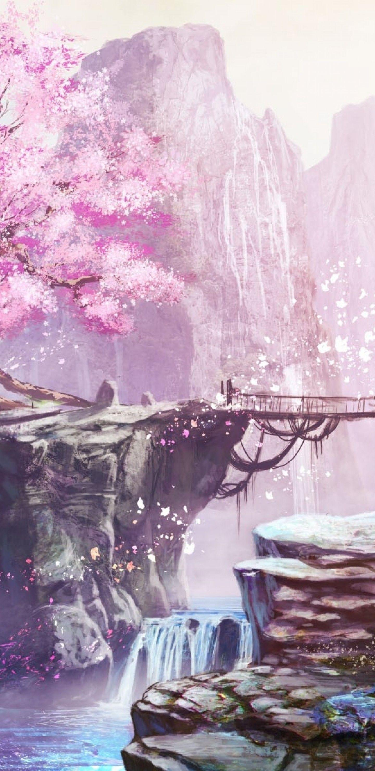 Anime Landscape, Cherry Blossom, Bridge, Waterfall