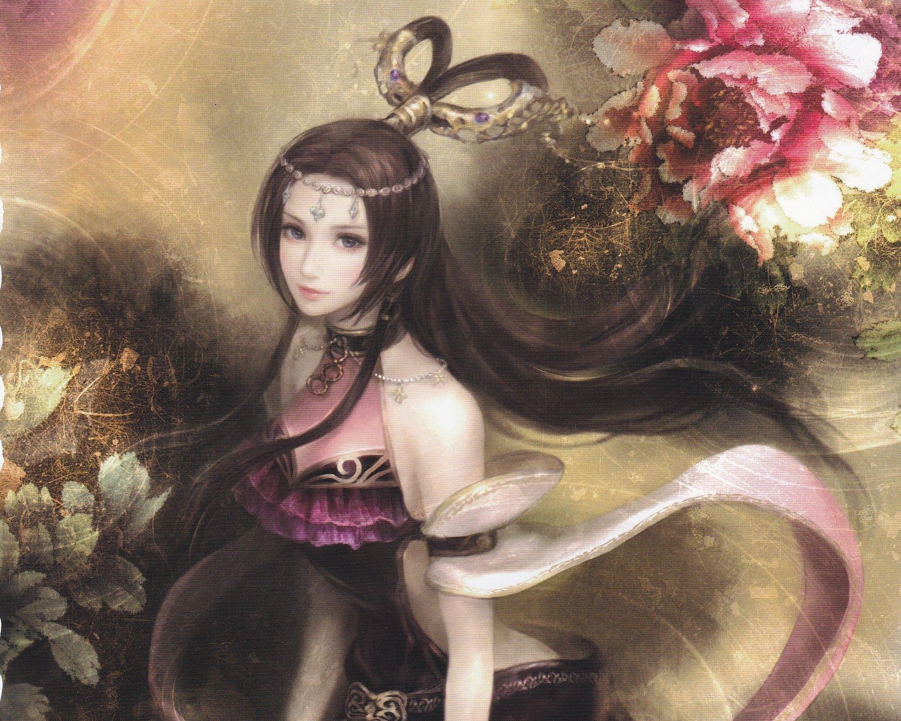 Princess long hair anime fantasy flower beauty girl dress