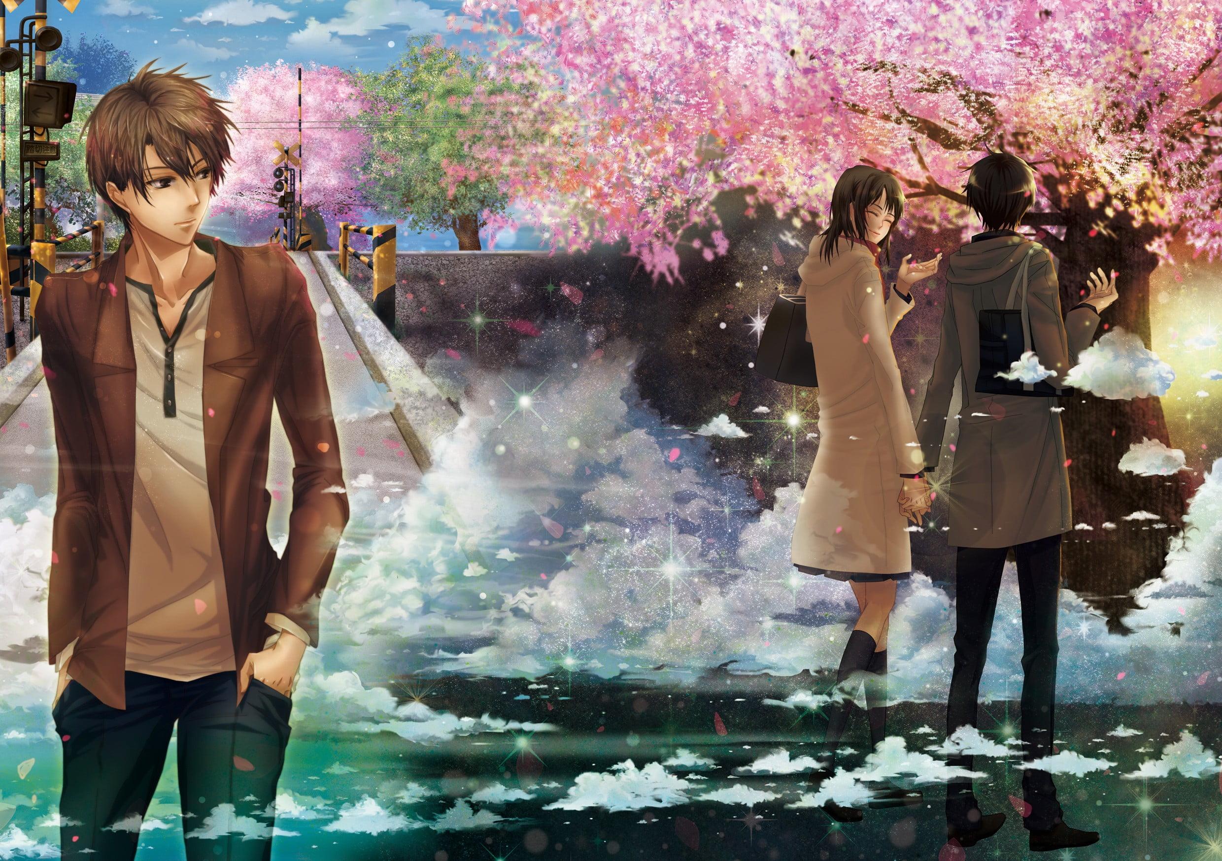 Couple standing in front of Cherry Blossom anime
