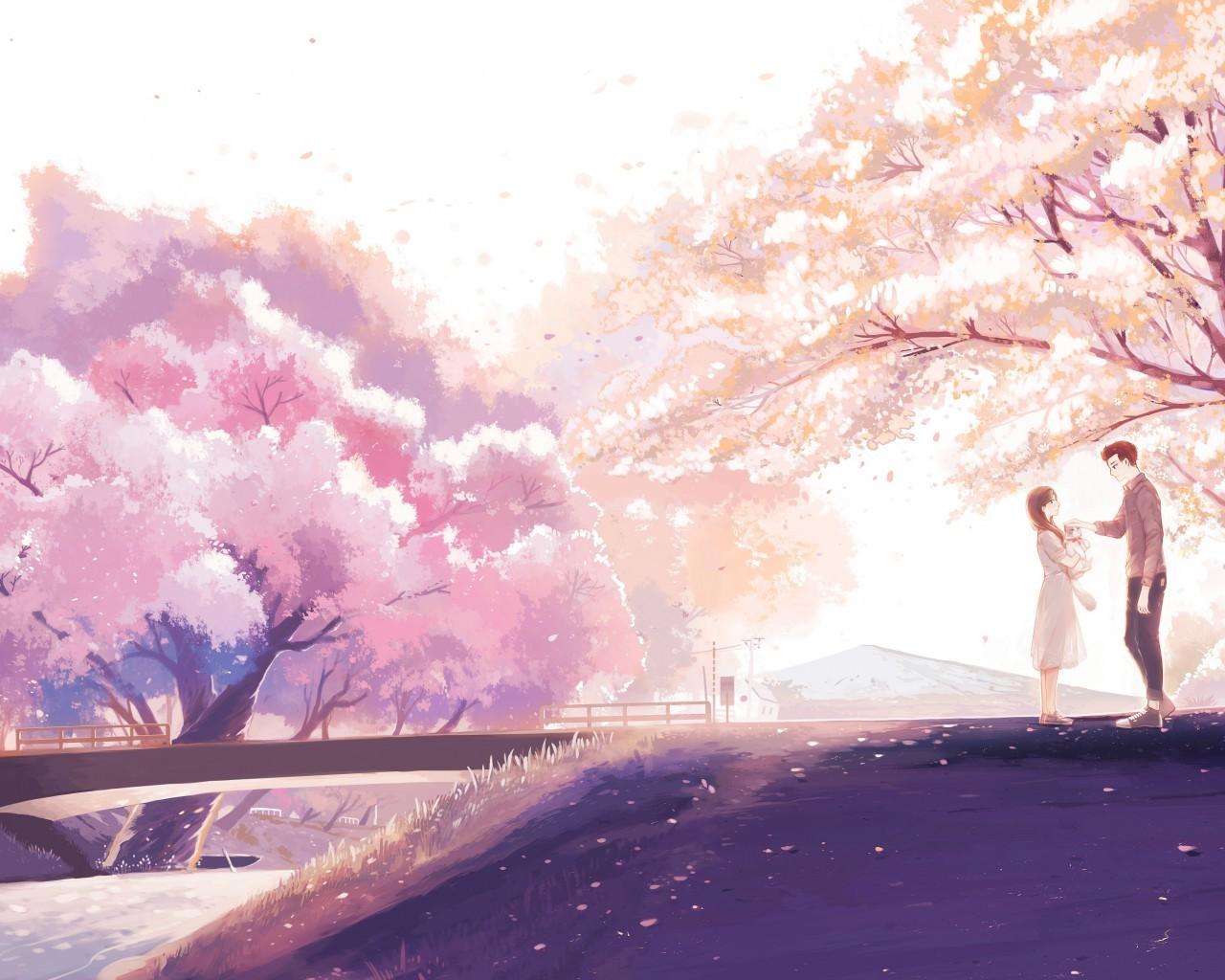 Download 1280x1024 Anime Couple, Cherry Blossom, Romance
