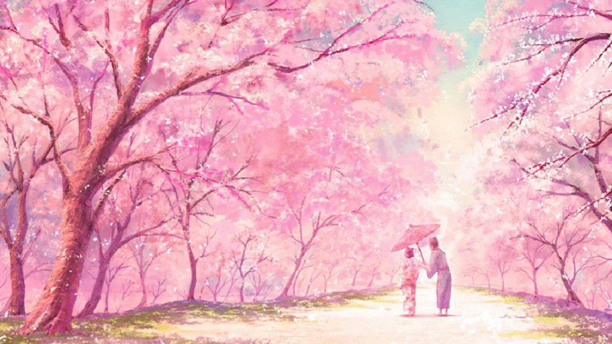 Anime pink tree couple kimono wallpaperx1080