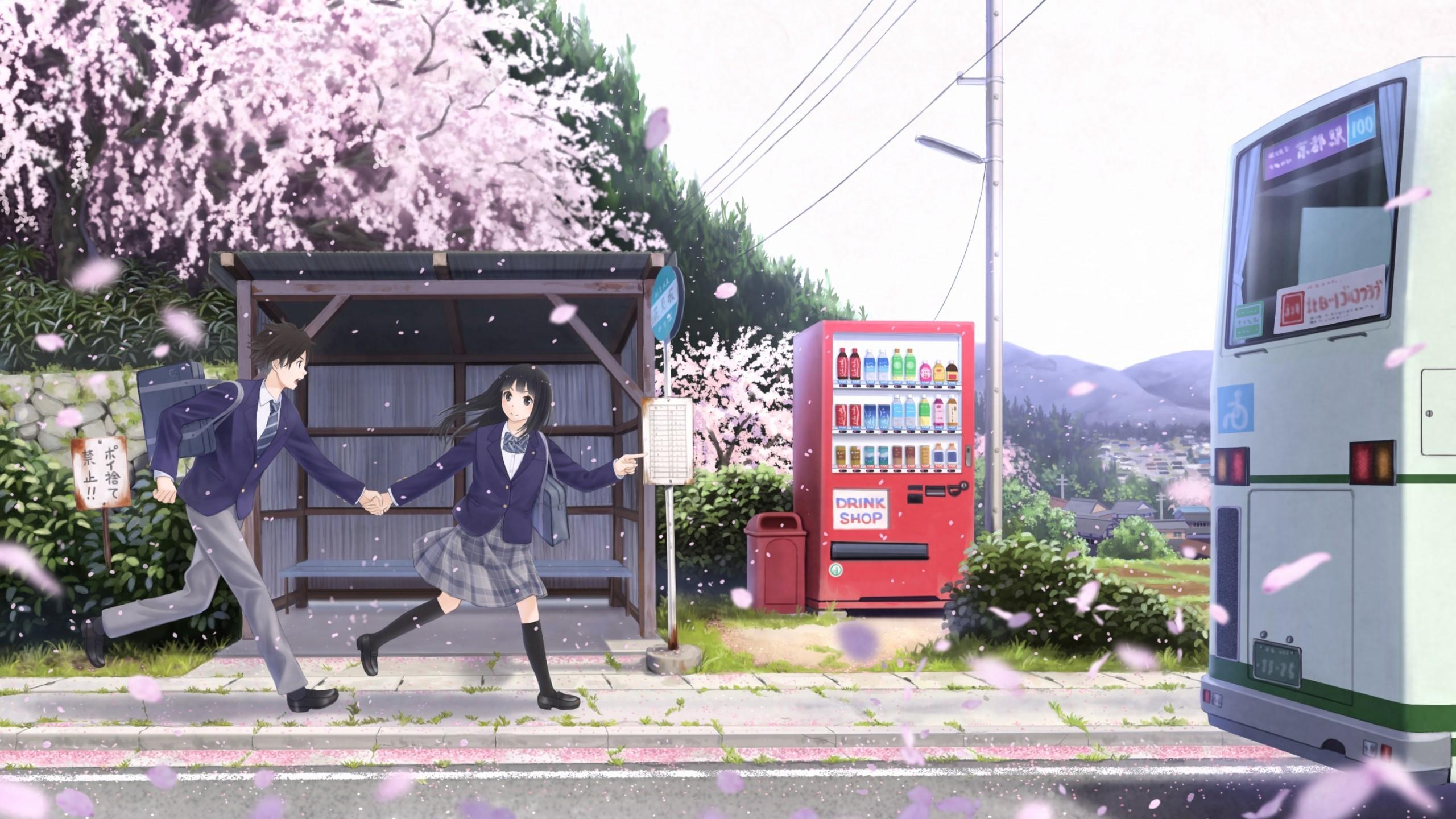 Download 2560x1440 Anime Couple, Cherry Blossom, Bus, School