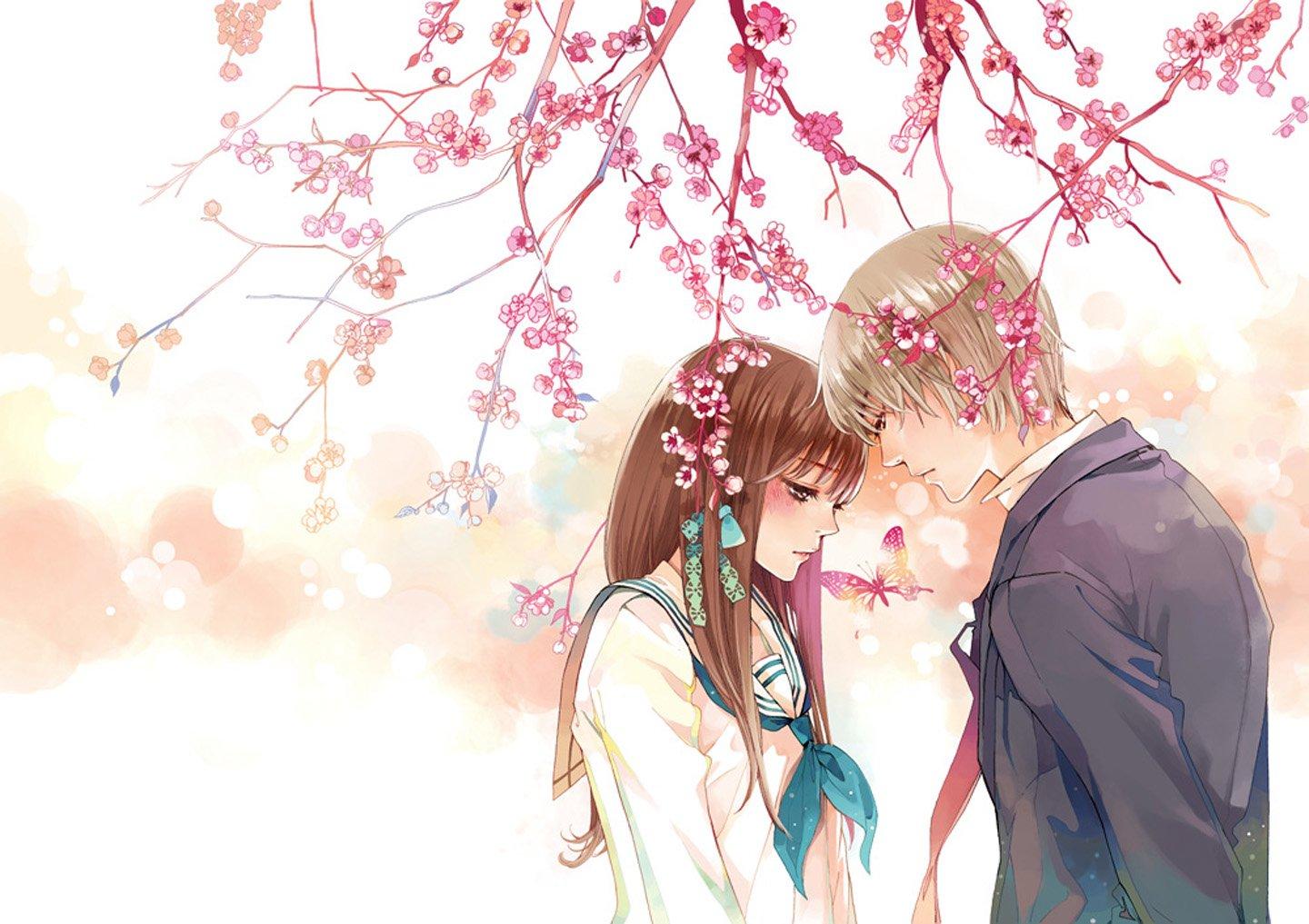 anime, Couple, Butterfly, Animal, Tree, Sakura, Love, Girl