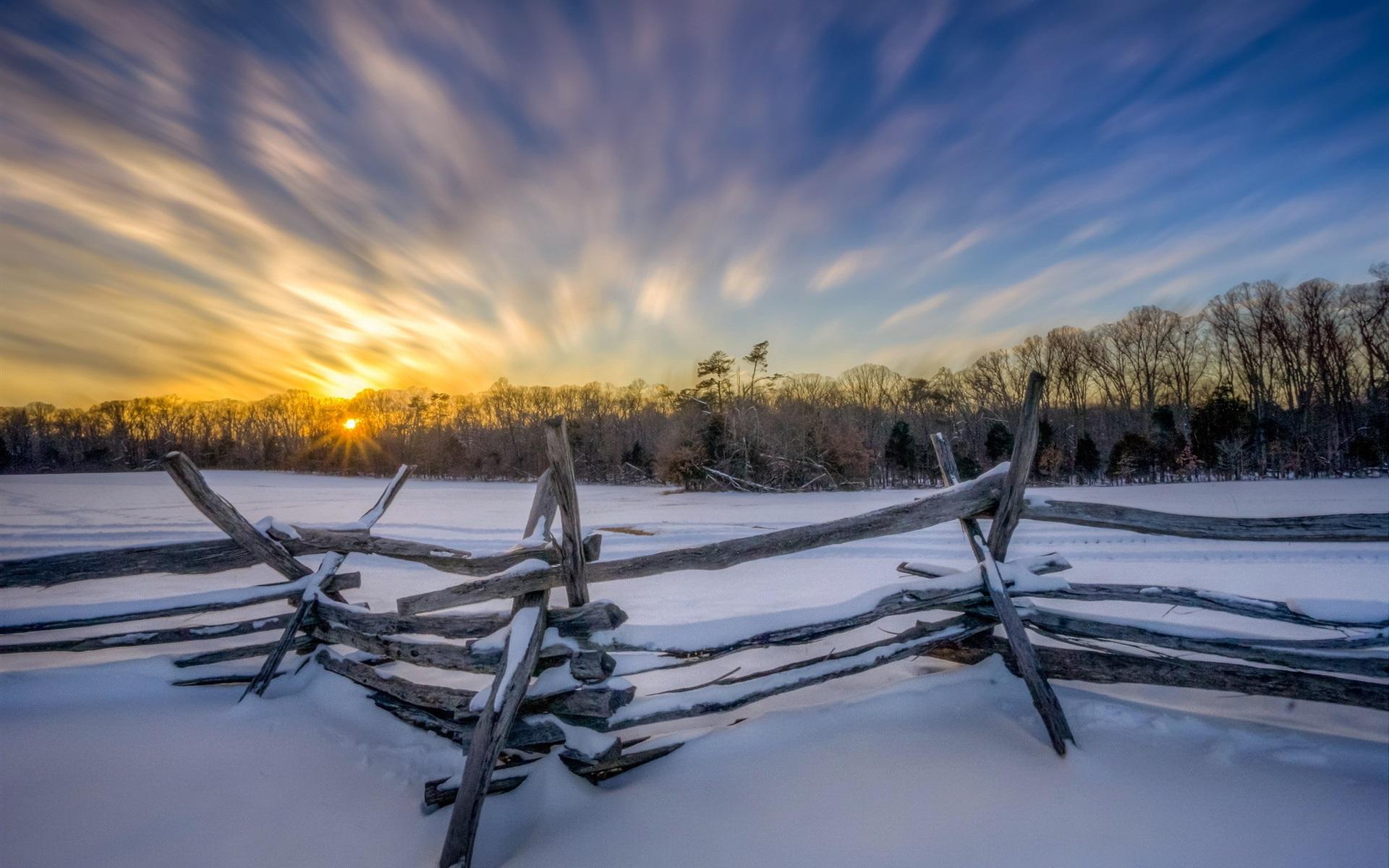 Wallpaper Winter morning, snow, fence, trees, sunrise