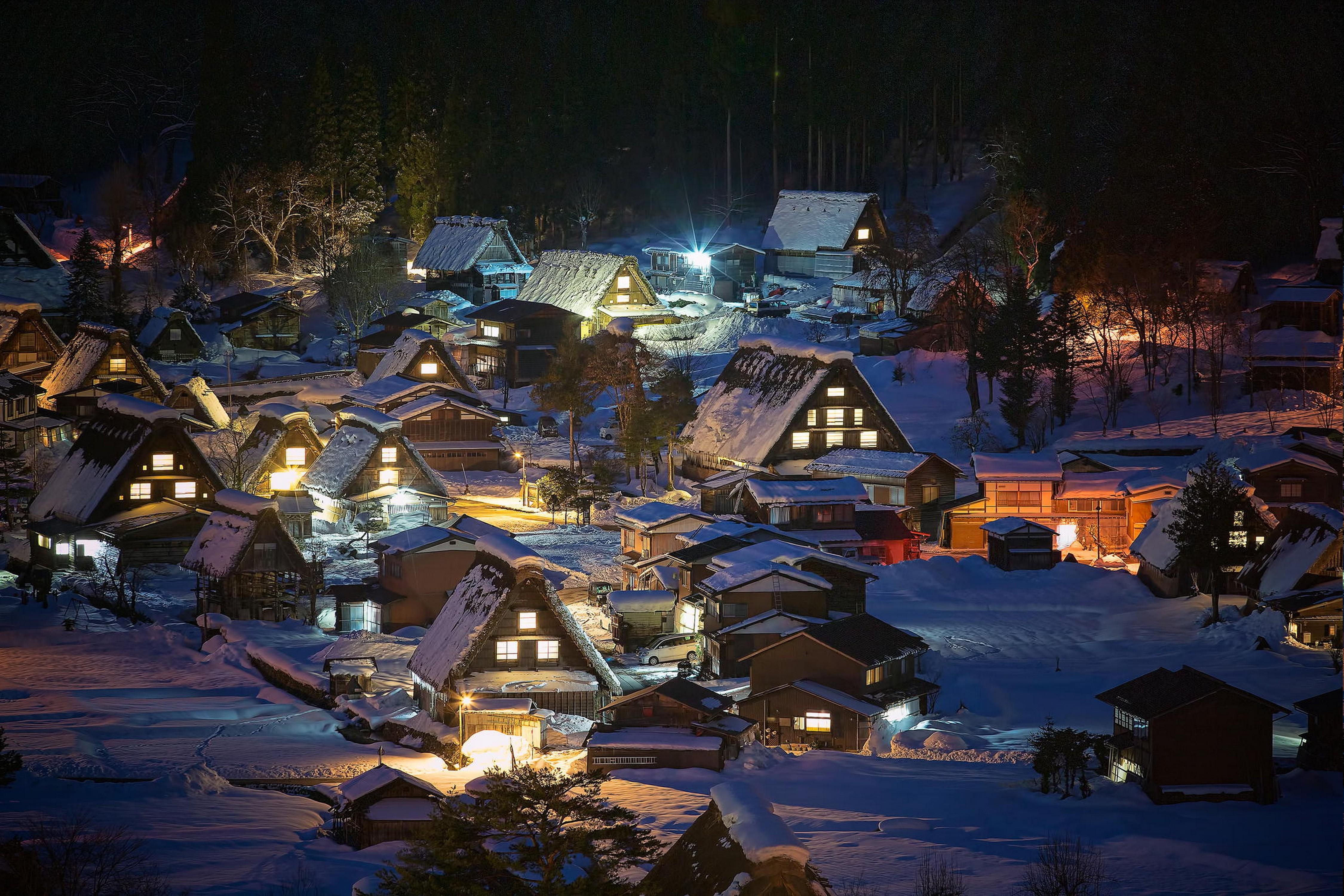 landscape, Nature, Winter, Village, Night, Snow, Japan, House, Trees, Architecture, Lights Wallpaper HD / Desktop and Mobile Background