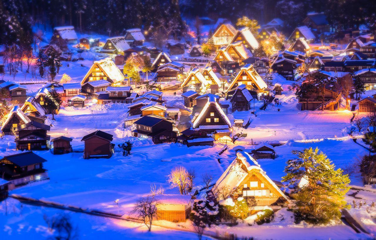 Wallpaper Japan Village Winter Snow Night Street lights Cities. Winter light, Christmas village, Japan places to visit