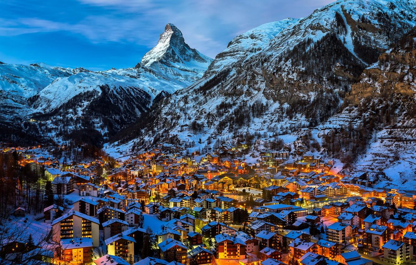 Wallpaper winter, snow, mountains, lights, the evening, Switzerland, village, Alps, Zermatt image for desktop, section пейзажи