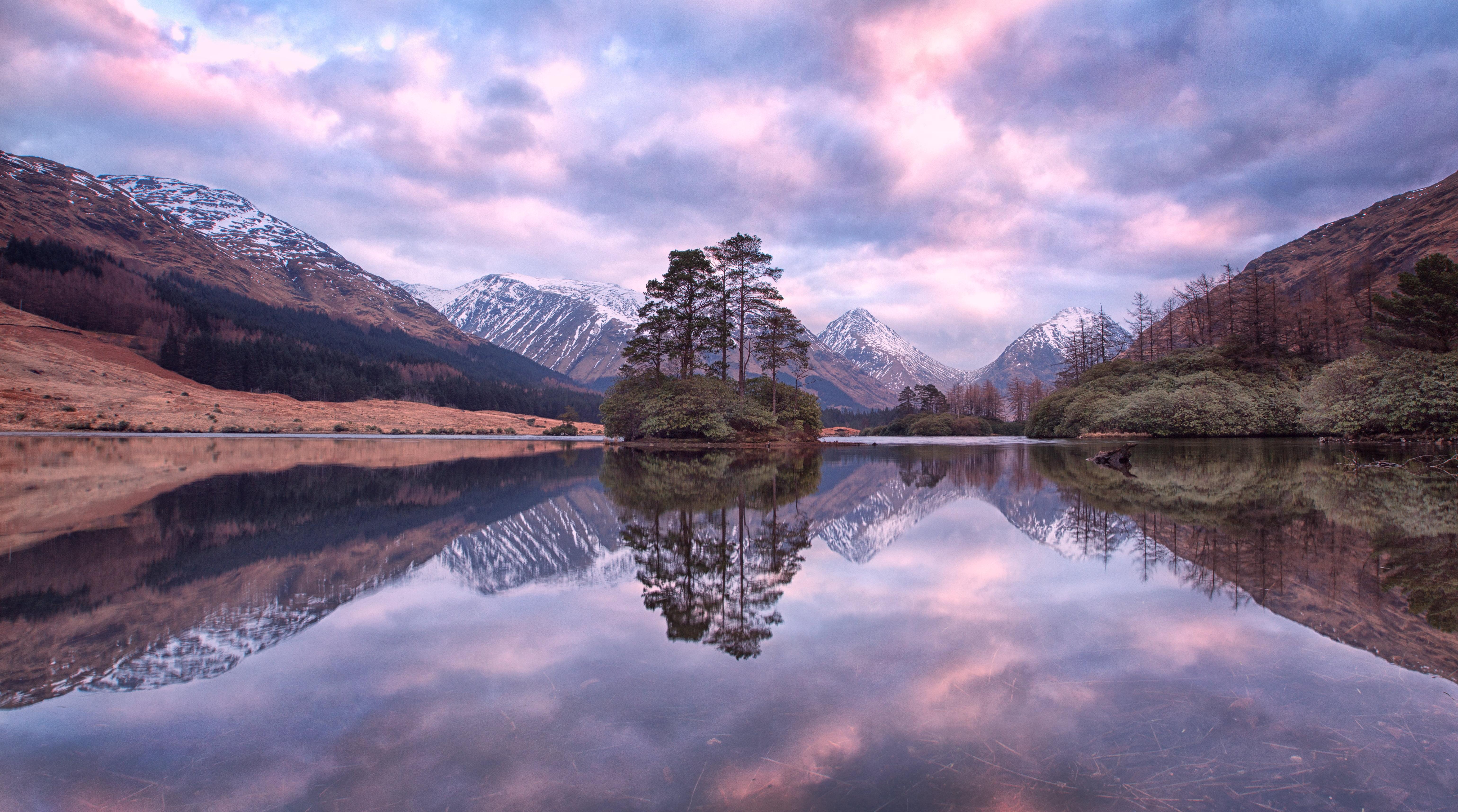 Green trees on the body of water during sunset, scotland HD