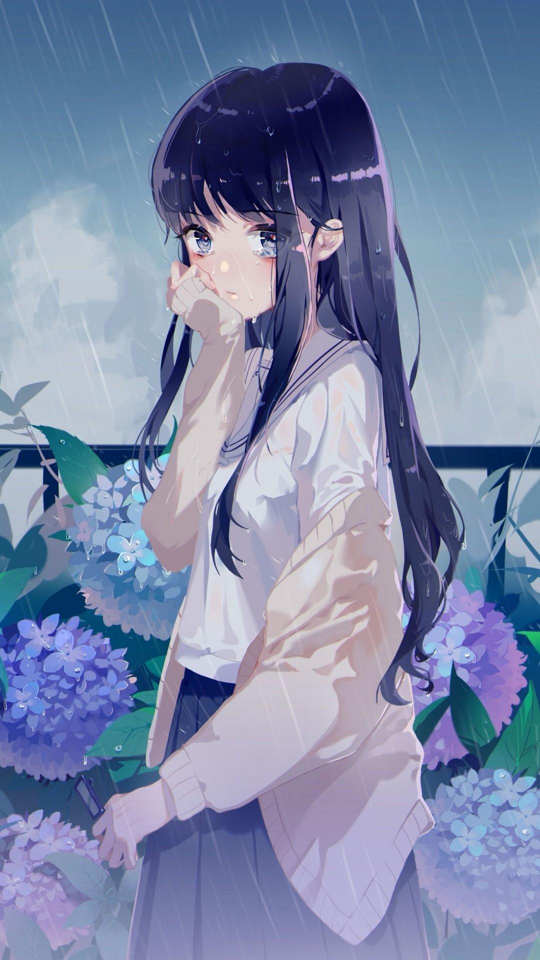 Download 1080x1920 Anime Girl, Raining, Flowers, Black Hair