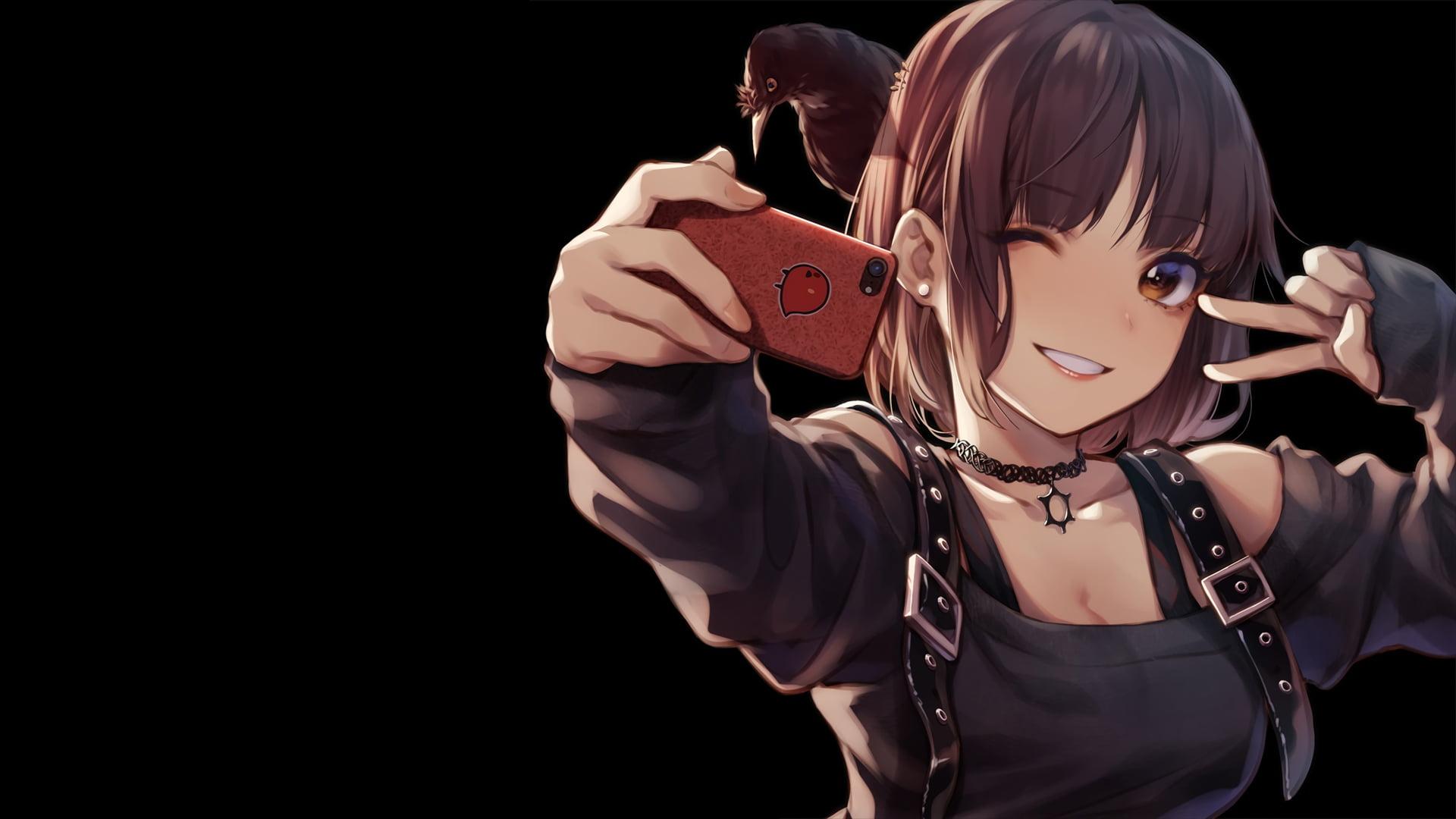 Female anime character holding smartphone illustration
