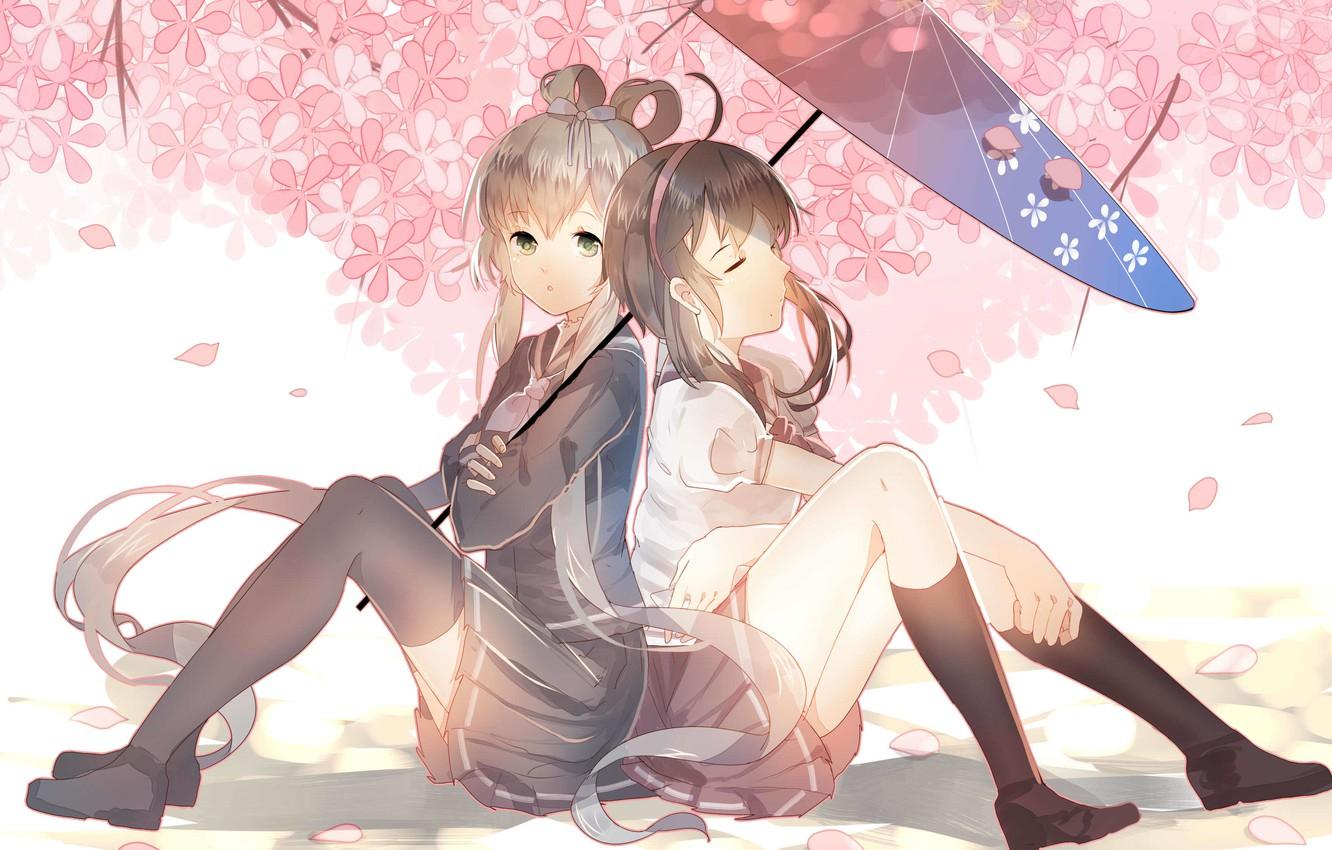 Wallpaper flowers, girls, umbrella, anime, Sakura, art