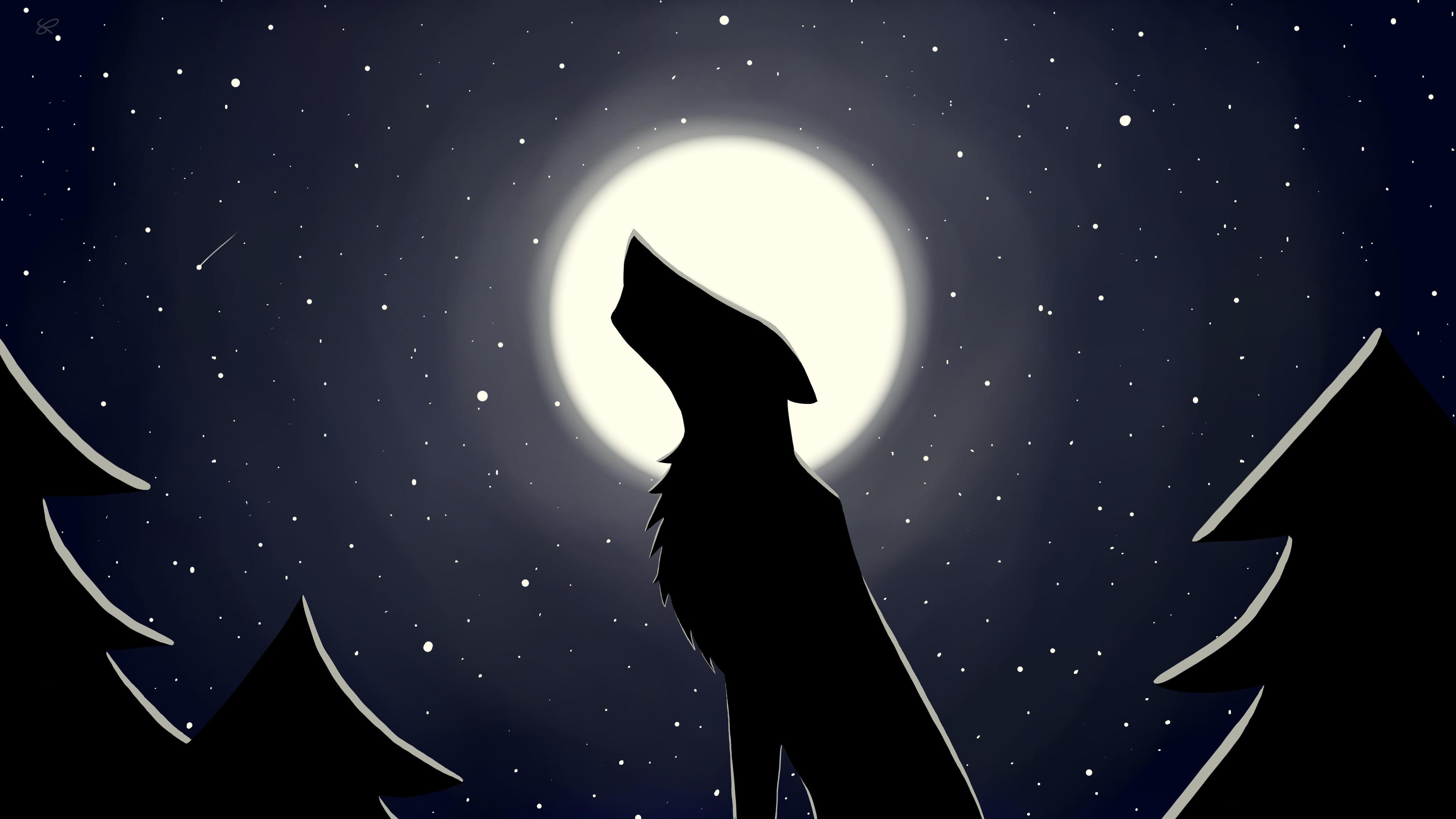 Download 3840x2160 wallpaper wolf, moon, minimal, starry