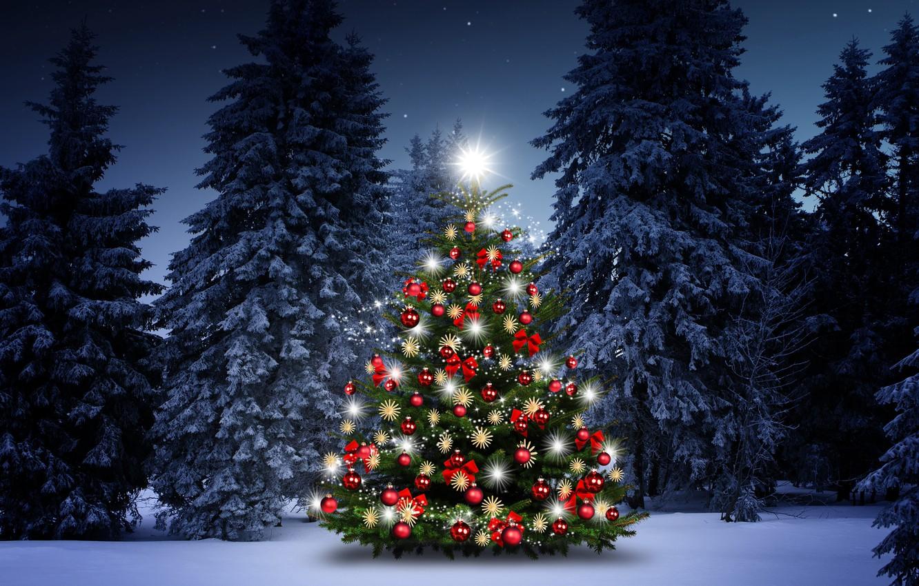 Wallpaper winter, snow, decoration, snowflakes, balls, tree