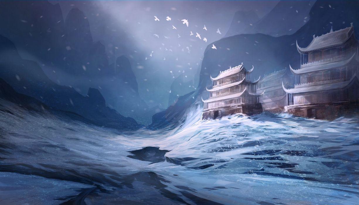 Fantastic world Fantasy castle asiajn winter wallpaperx2000