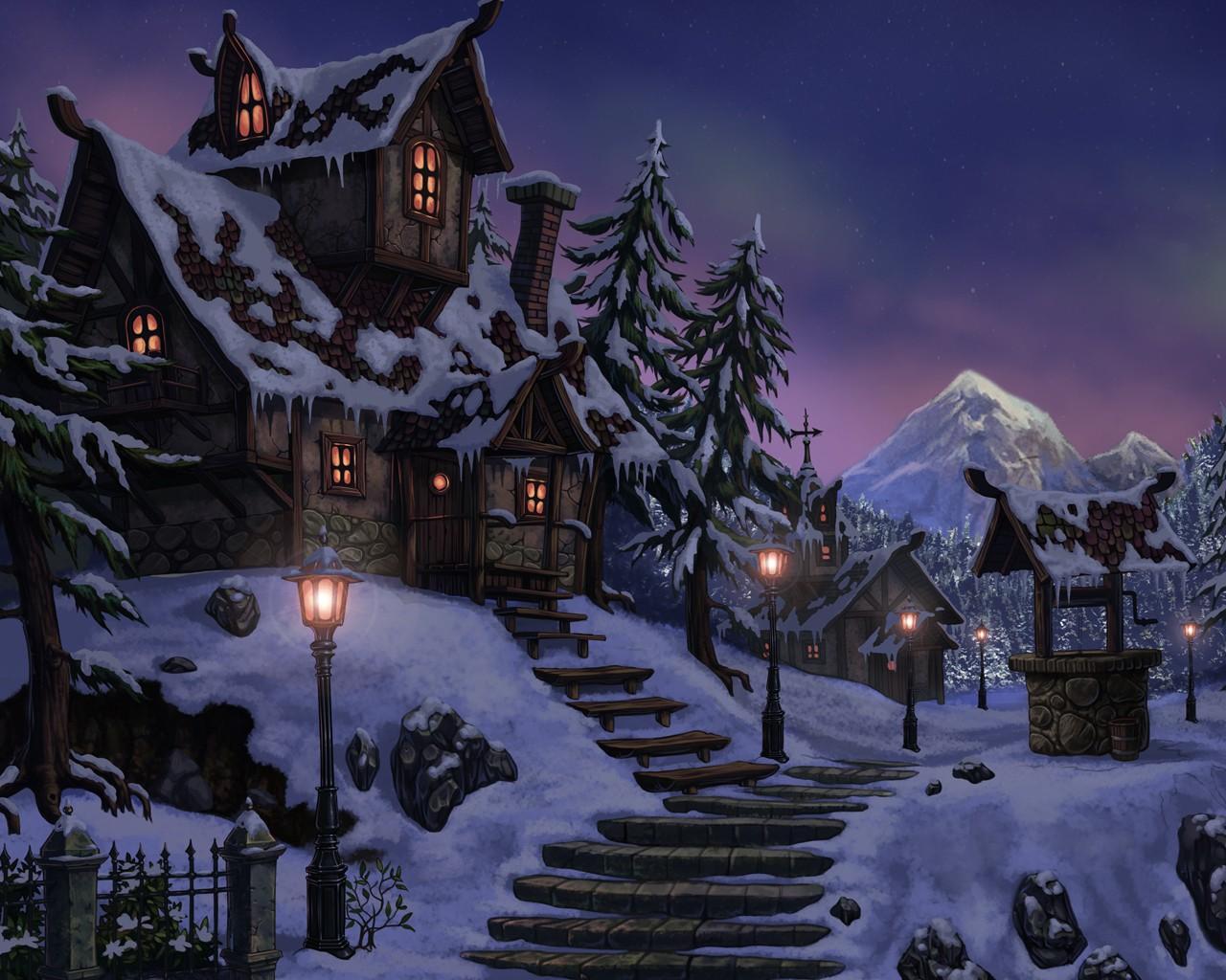 winter, snow, night, houses, fantasy art, artwork wallpaper