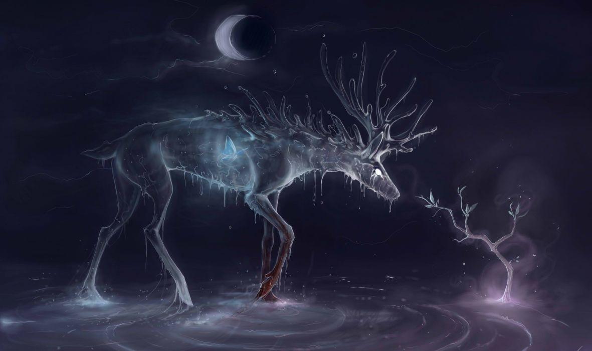 Animal moon 3D winter fantasy wallpaper